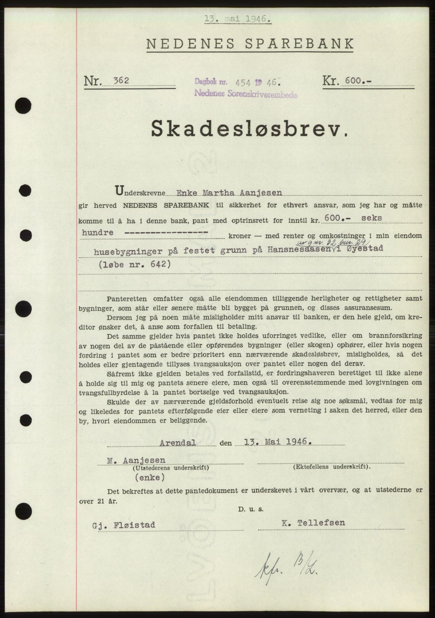 Nedenes sorenskriveri, SAK/1221-0006/G/Gb/Gbb/L0003: Pantebok nr. B3b, 1946-1946, Dagboknr: 454/1946