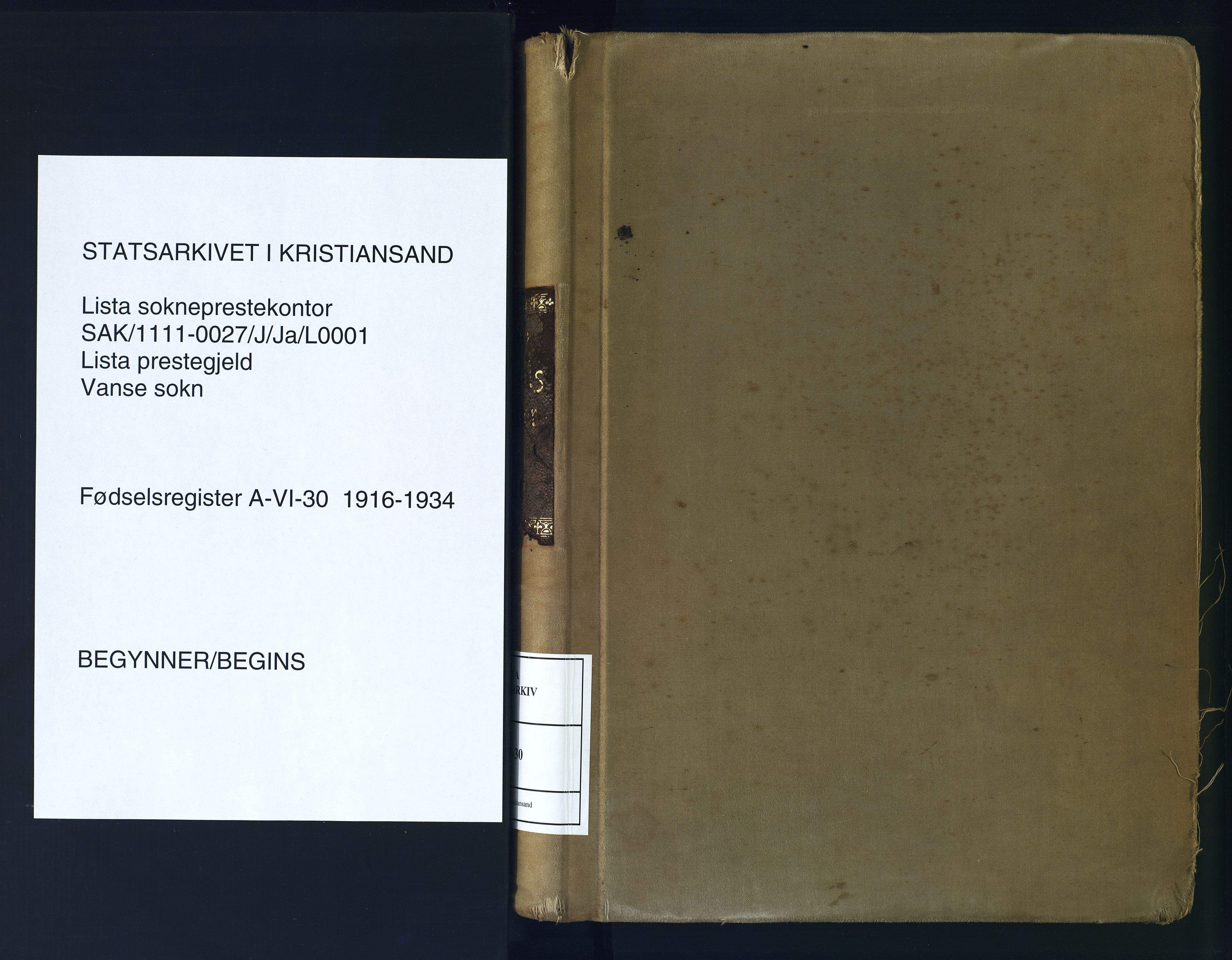 Lista sokneprestkontor, SAK/1111-0027/J/Ja/L0001: Fødselsregister nr. A-VI-30, 1916-1934