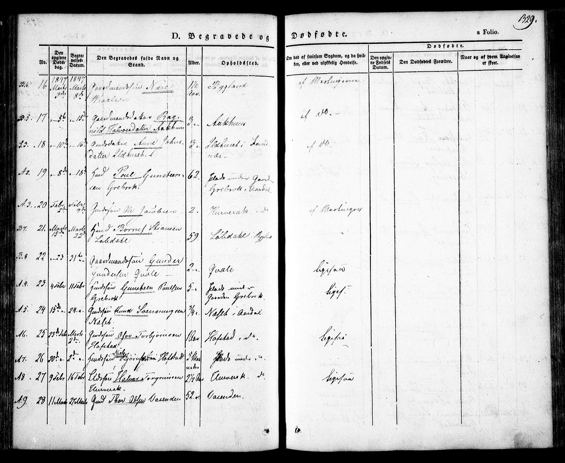 Bygland sokneprestkontor, AV/SAK-1111-0006/F/Fa/Fab/L0004: Ministerialbok nr. A 4, 1842-1858, s. 329