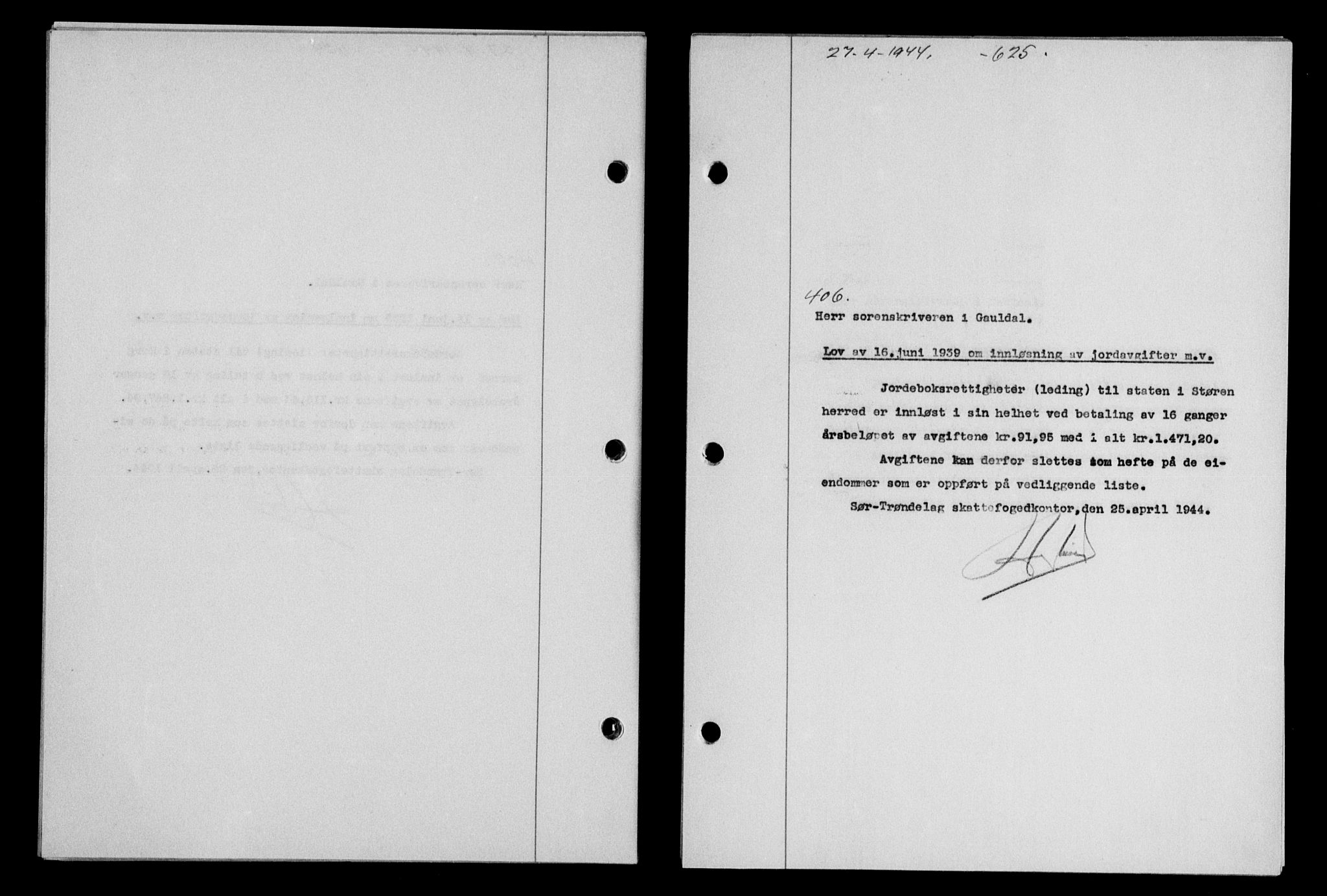 Gauldal sorenskriveri, SAT/A-0014/1/2/2C/L0057: Pantebok nr. 62, 1943-1944, Dagboknr: 406/1944