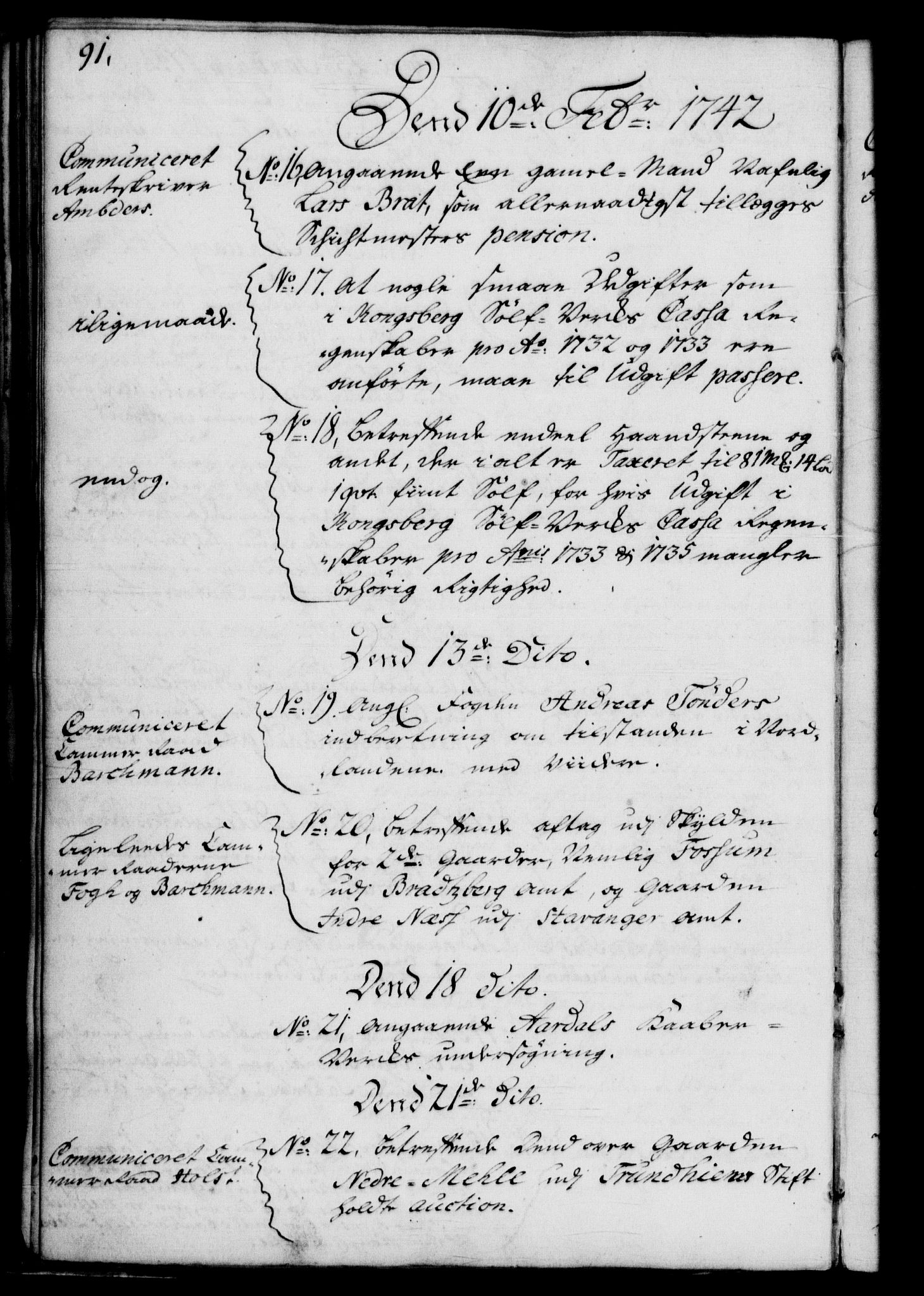 Rentekammeret, Kammerkanselliet, RA/EA-3111/G/Gf/Gfb/L0004: Register til norske relasjons- og resolusjonsprotokoller (merket RK 52.99), 1736-1743, s. 91