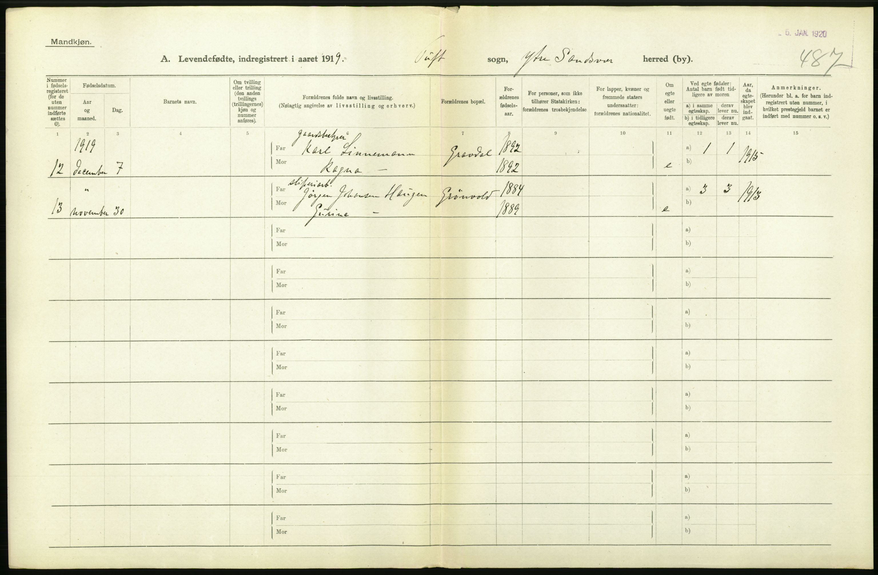 Statistisk sentralbyrå, Sosiodemografiske emner, Befolkning, RA/S-2228/D/Df/Dfb/Dfbi/L0016: Buskerud fylke: Levendefødte menn og kvinner. Bygder., 1919, s. 292