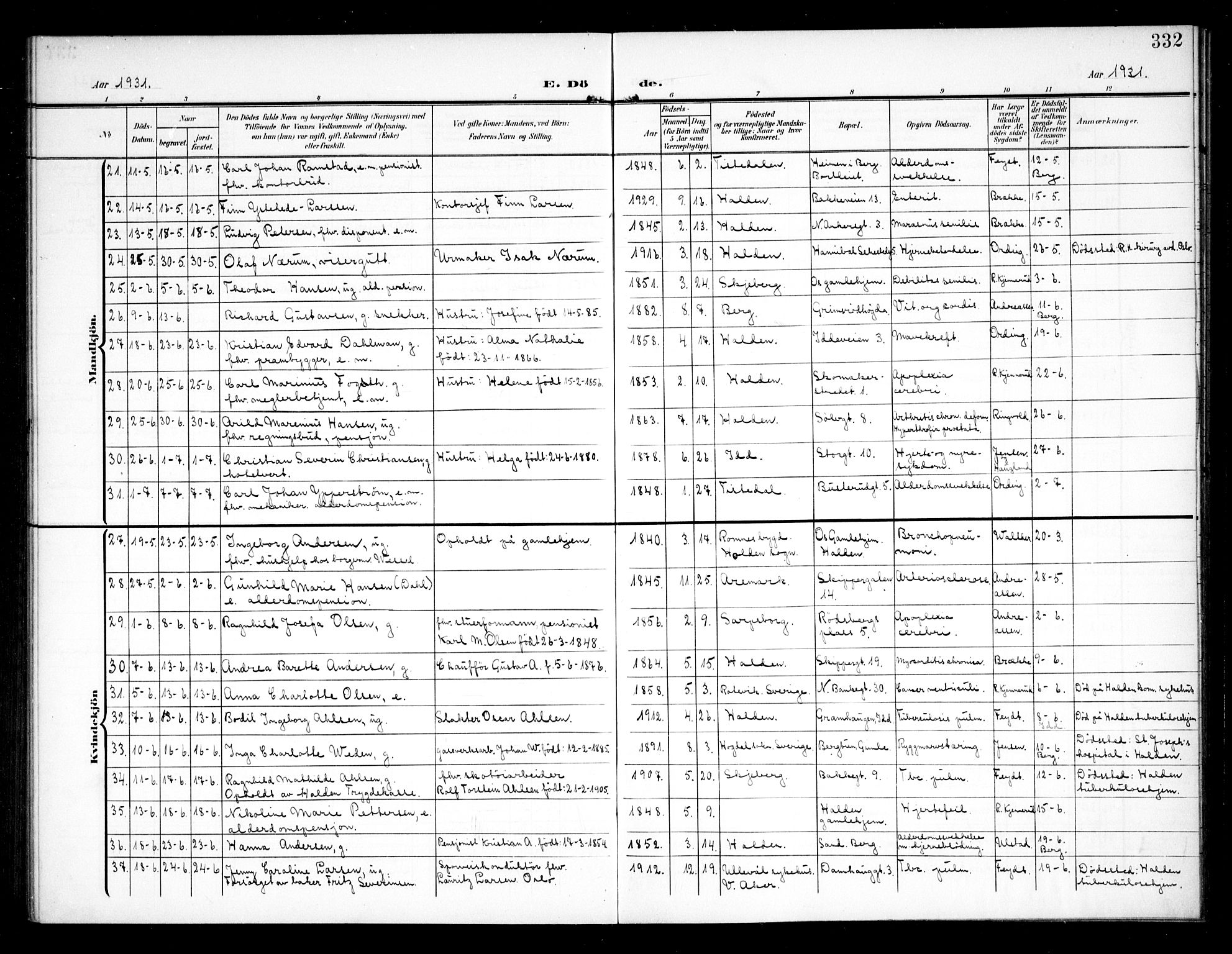 Halden prestekontor Kirkebøker, AV/SAO-A-10909/G/Ga/L0011: Klokkerbok nr. 11, 1906-1934, s. 332