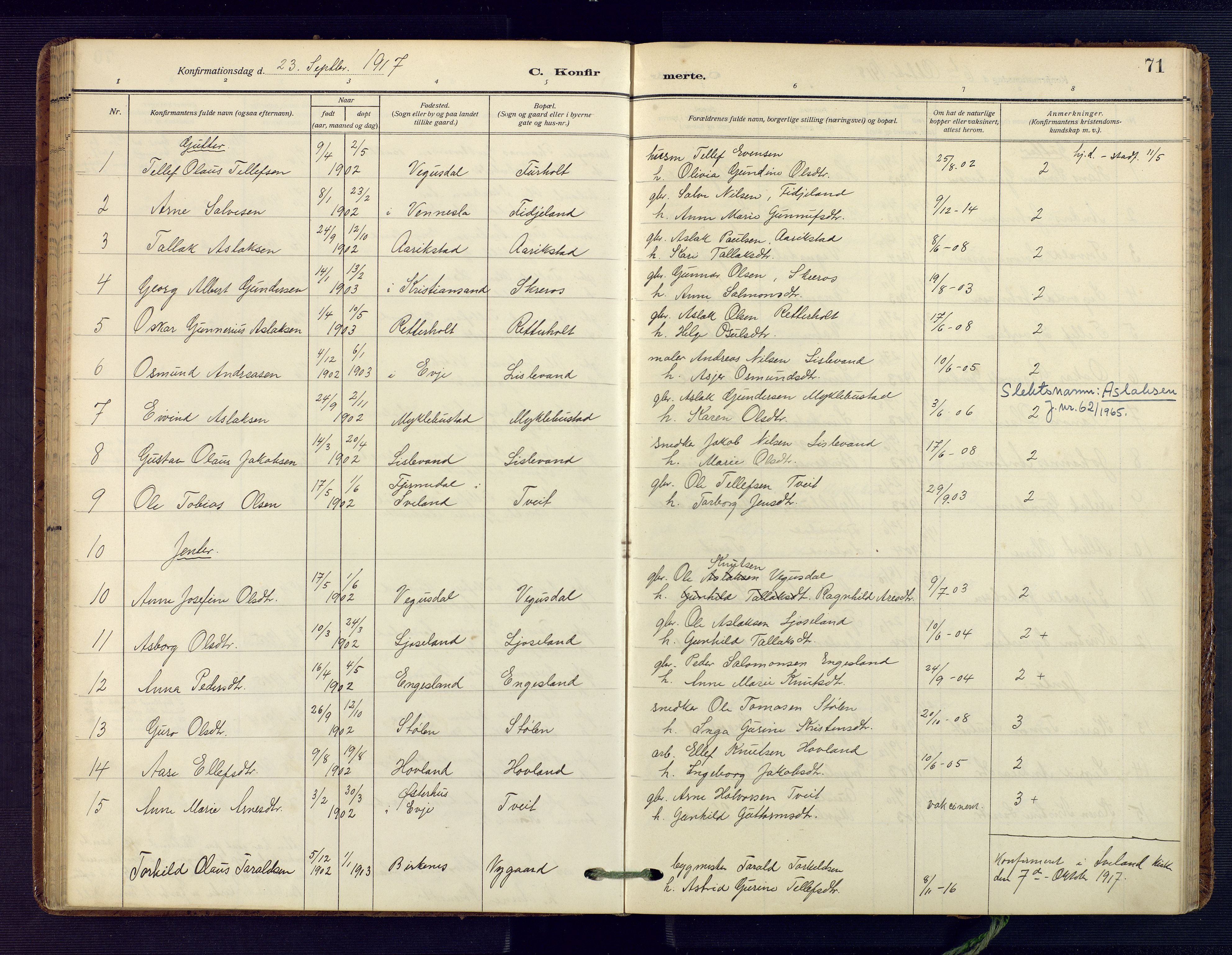 Herefoss sokneprestkontor, AV/SAK-1111-0019/F/Fa/Fab/L0005: Ministerialbok nr. A 5, 1910-1932, s. 71