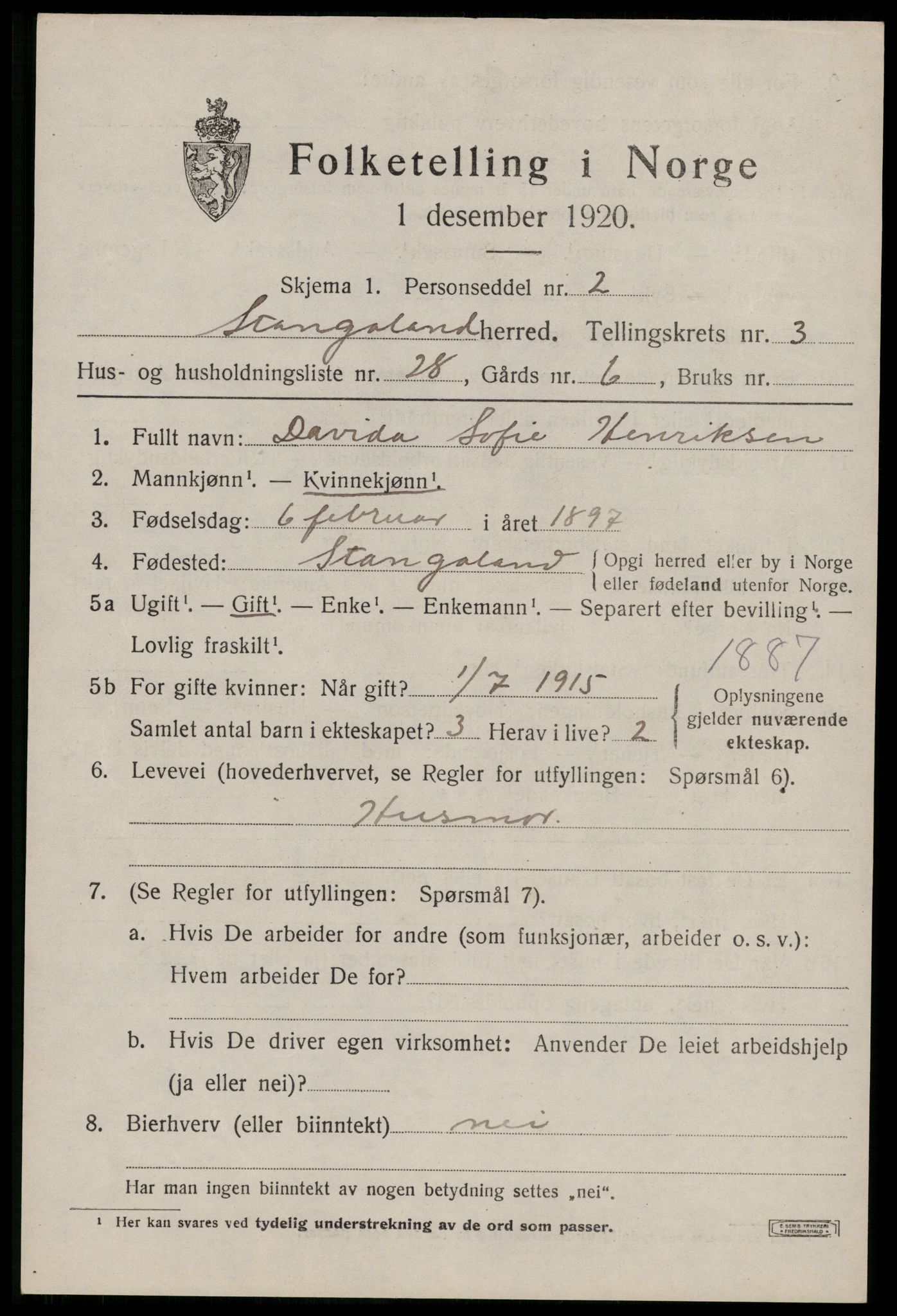 SAST, Folketelling 1920 for 1148 Stangaland herred, 1920, s. 2583