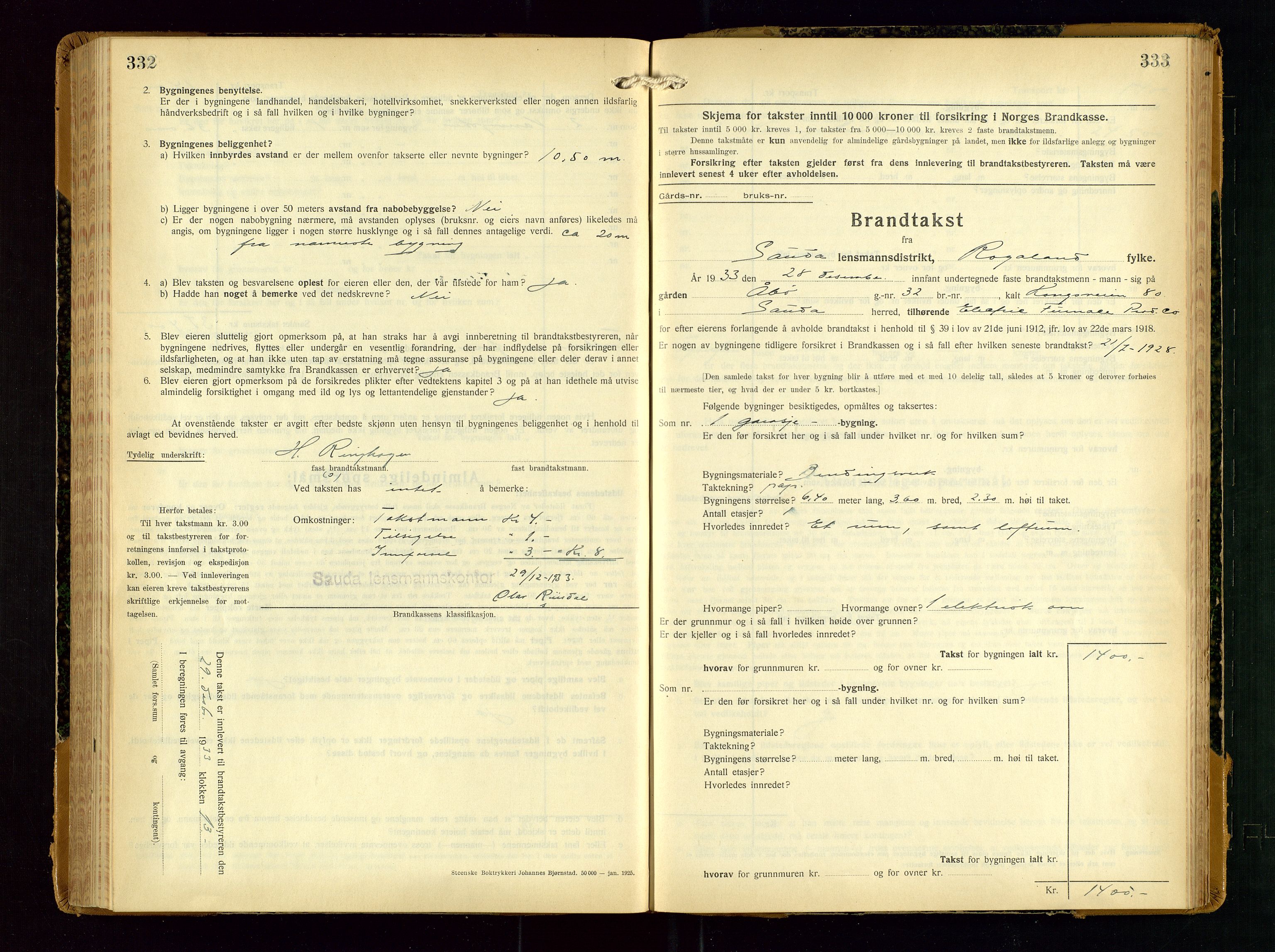 Sauda lensmannskontor, AV/SAST-A-100177/Gob/L0003: Branntakstprotokoll - skjematakst, 1928-1936, s. 332-333