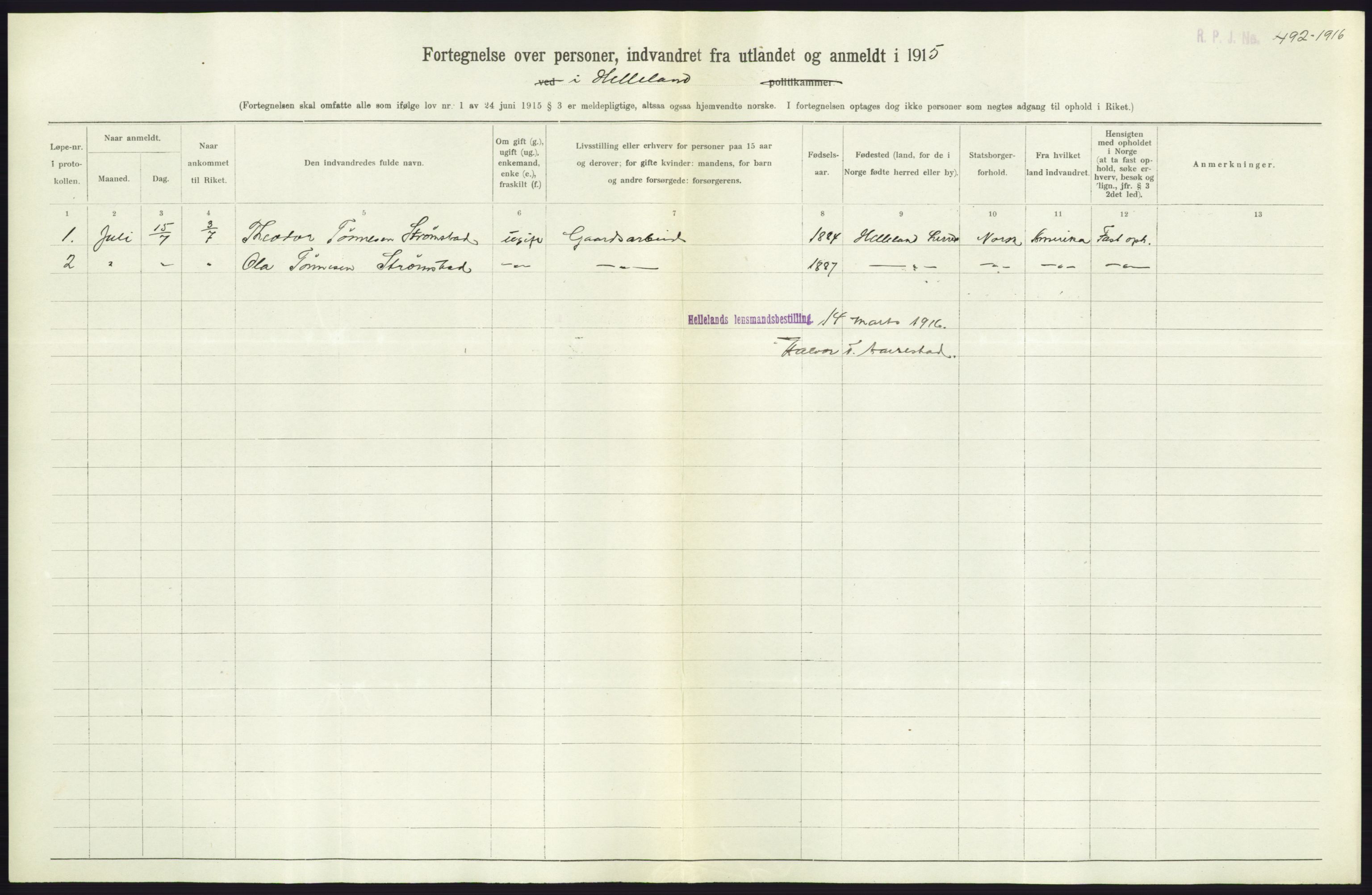 Statistisk sentralbyrå, Sosioøkonomiske emner, Folketellinger, boliger og boforhold, AV/RA-S-2231/F/Fa/L0001: Innvandring. Navn/fylkesvis, 1915, s. 376