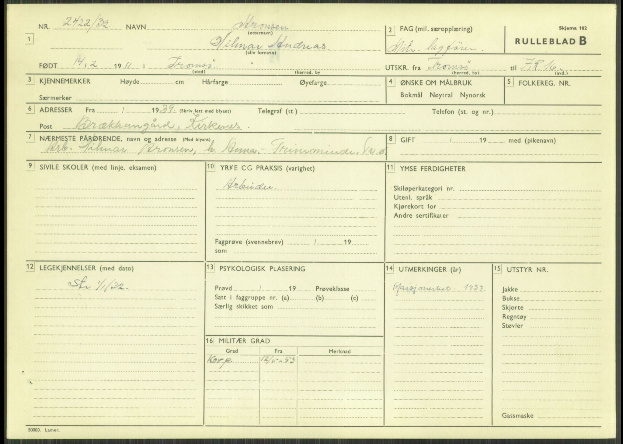 Forsvaret, Troms infanteriregiment nr. 16, AV/RA-RAFA-3146/P/Pa/L0016: Rulleblad for regimentets menige mannskaper, årsklasse 1932, 1932, s. 81