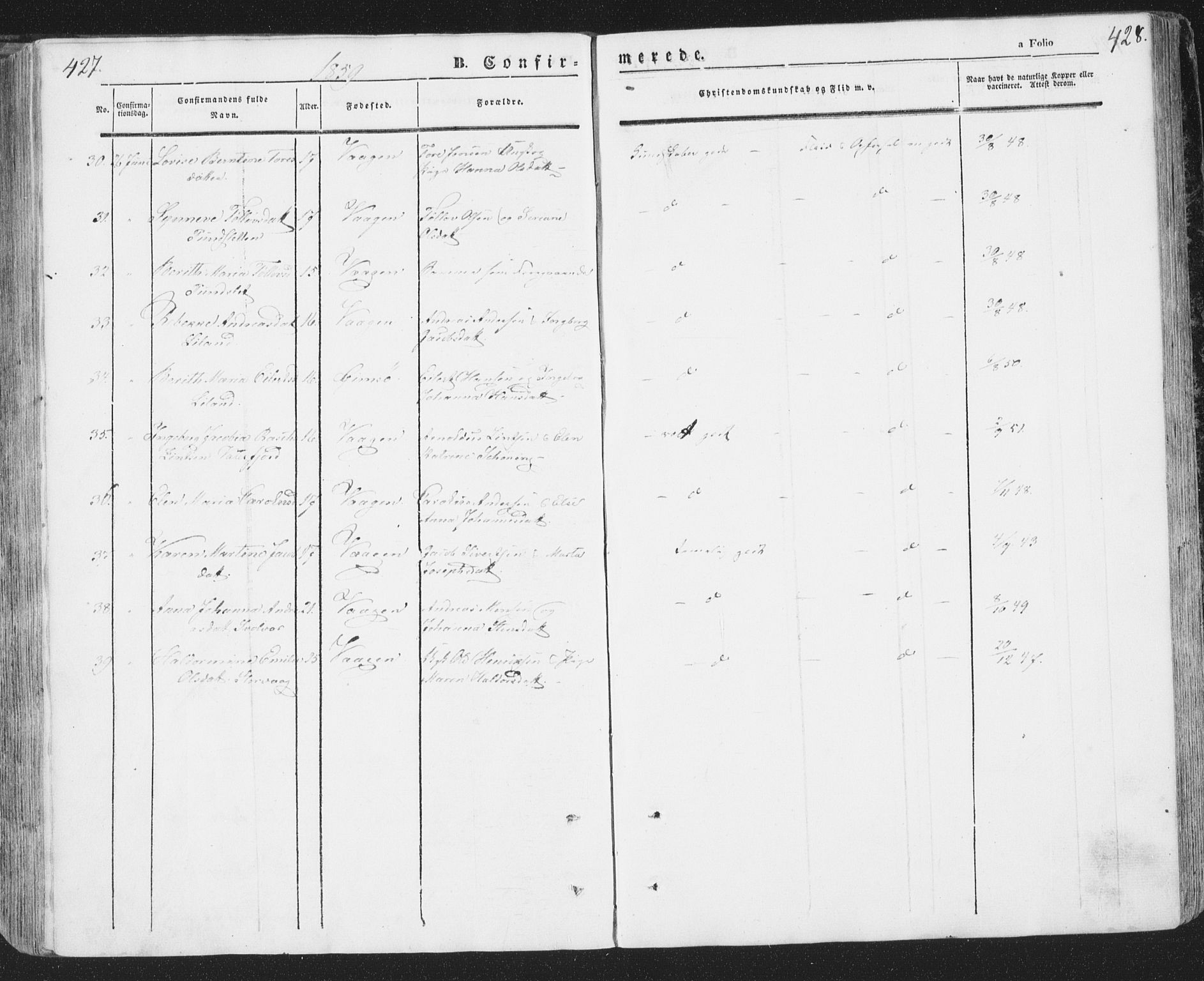 Ministerialprotokoller, klokkerbøker og fødselsregistre - Nordland, SAT/A-1459/874/L1072: Klokkerbok nr. 874C01, 1843-1859, s. 427-428