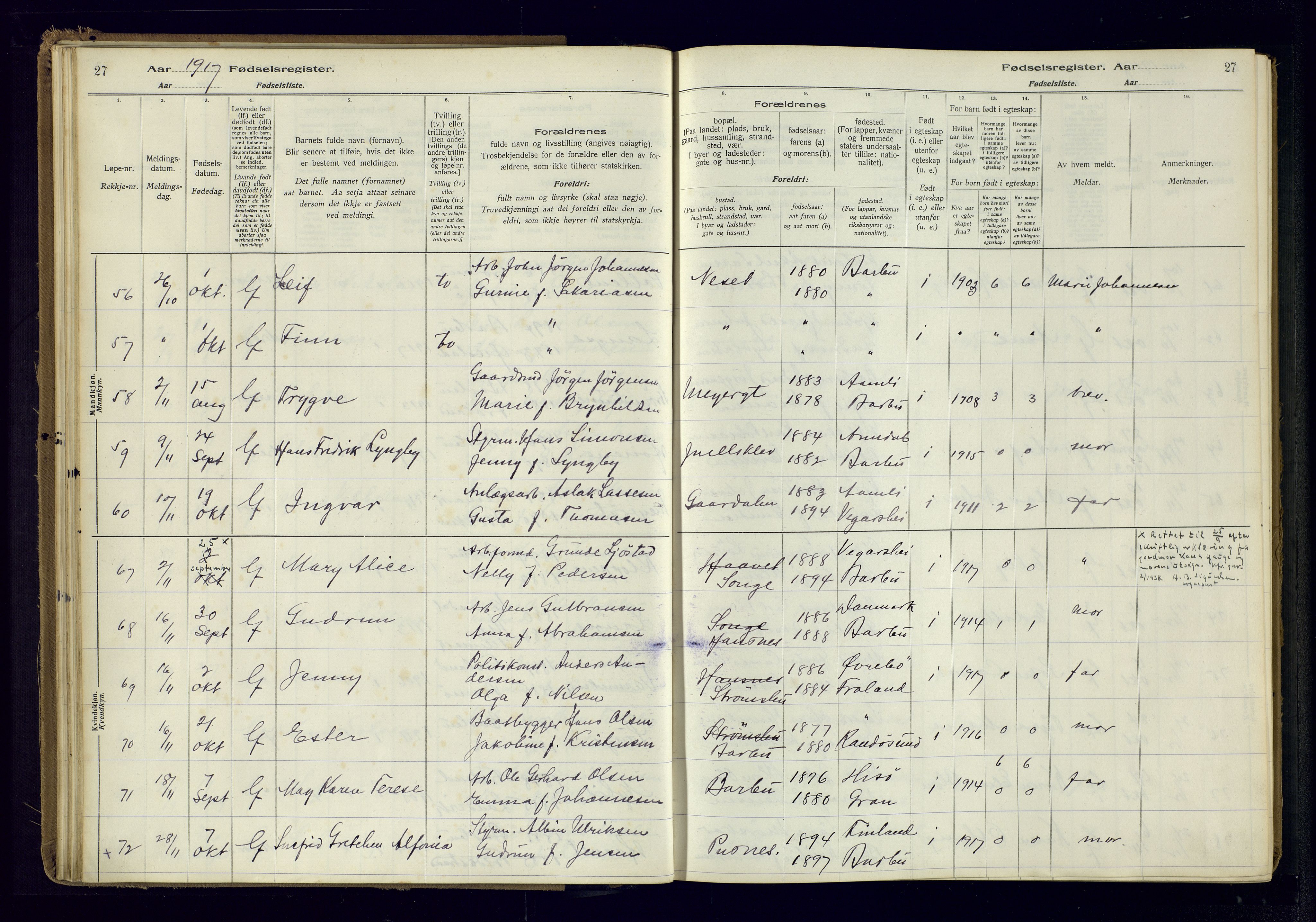 Barbu sokneprestkontor, SAK/1111-0003/J/Ja/L0001: Fødselsregister nr. A-VIII-1, 1916-1937, s. 27