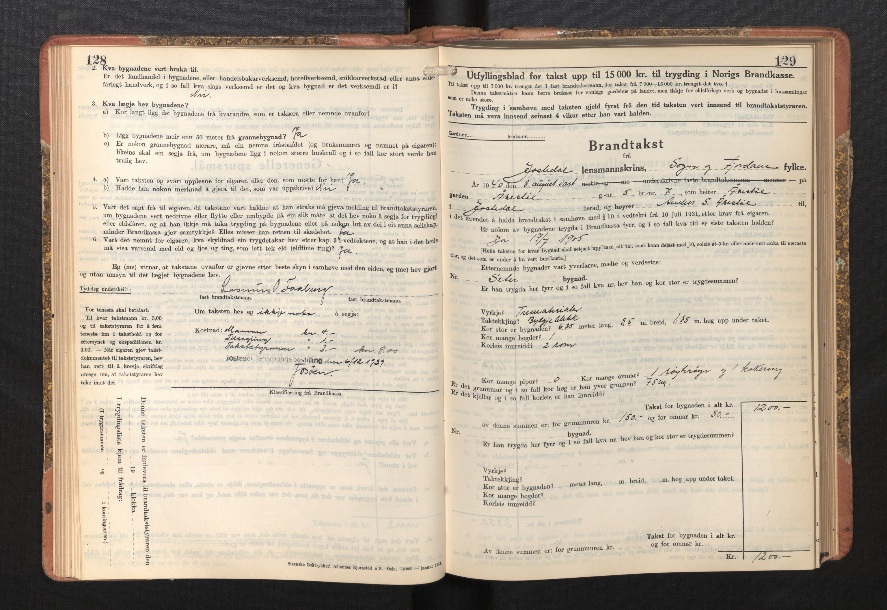Lensmannen i Jostedal, SAB/A-28601/0012/L0006: Branntakstprotokoll, skjematakst, 1936-1948, s. 128-129