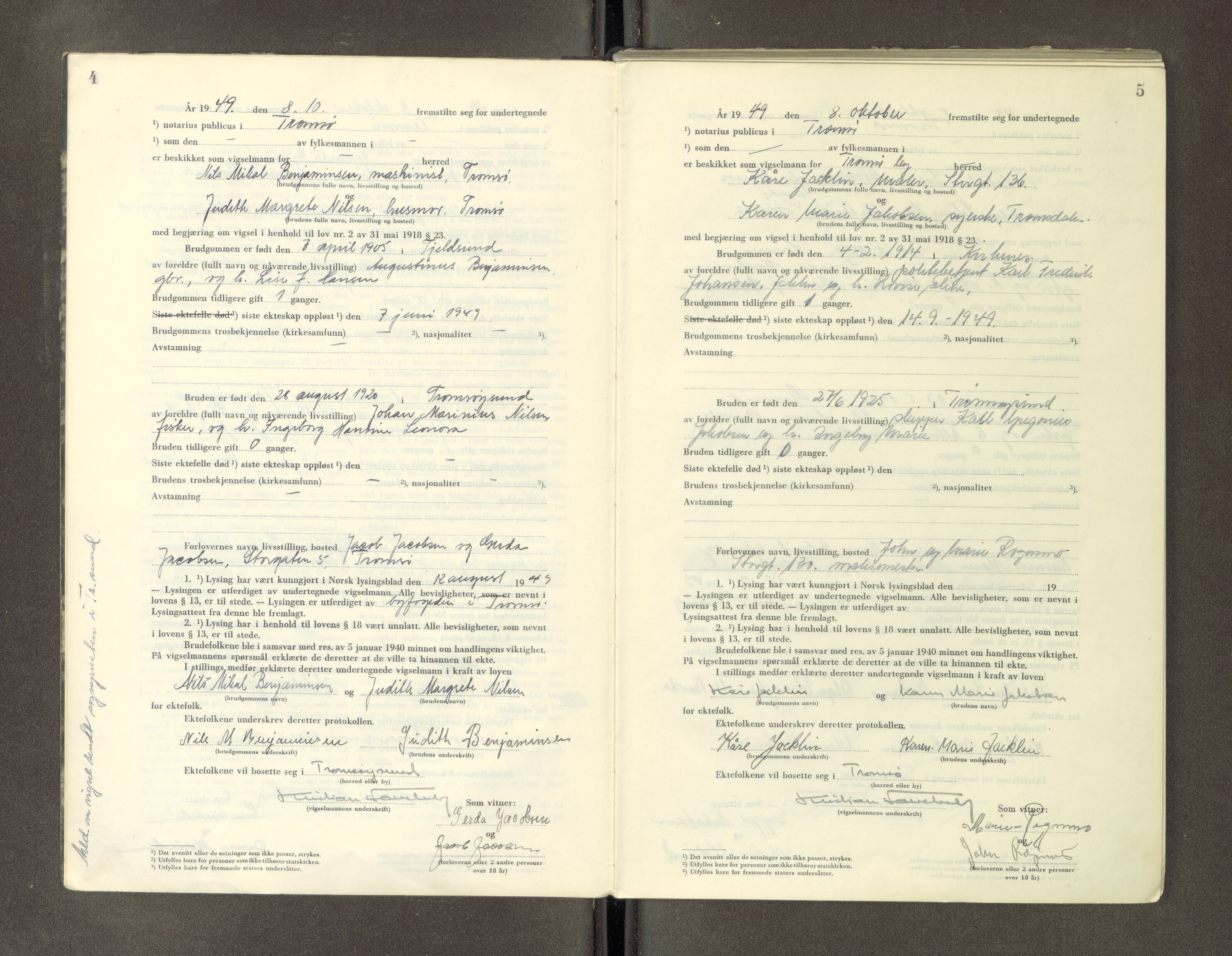 Tromsø byfogd/byrett, AV/SATØ-SATØ-0063/1/Ob/Obc/L0988: Vigselsbok, 1949-1953, s. 4-5