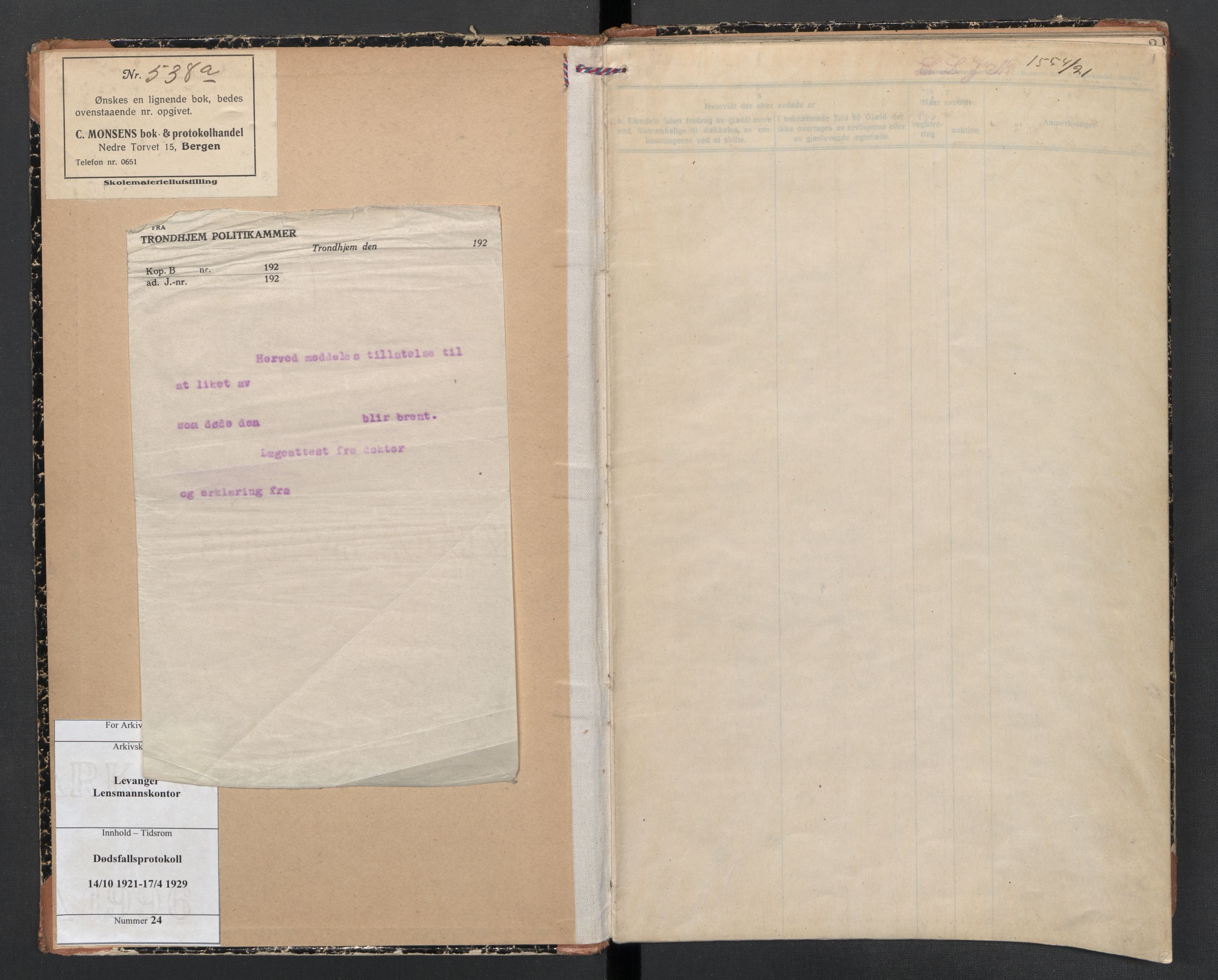 Levanger lensmannskontor, SAT/A-1029/2/02/L0024: Dødsfallsprotokoll, 1921-1929