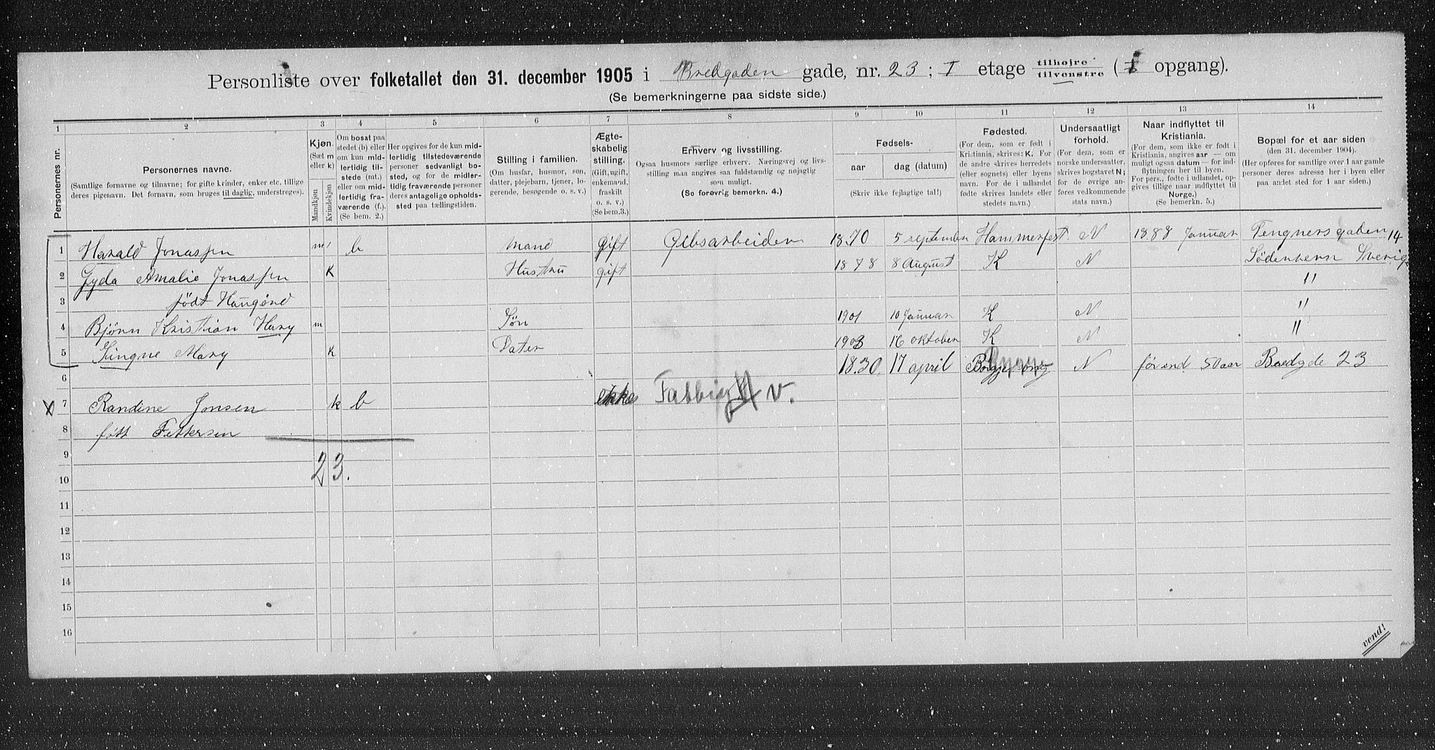OBA, Kommunal folketelling 31.12.1905 for Kristiania kjøpstad, 1905, s. 4275