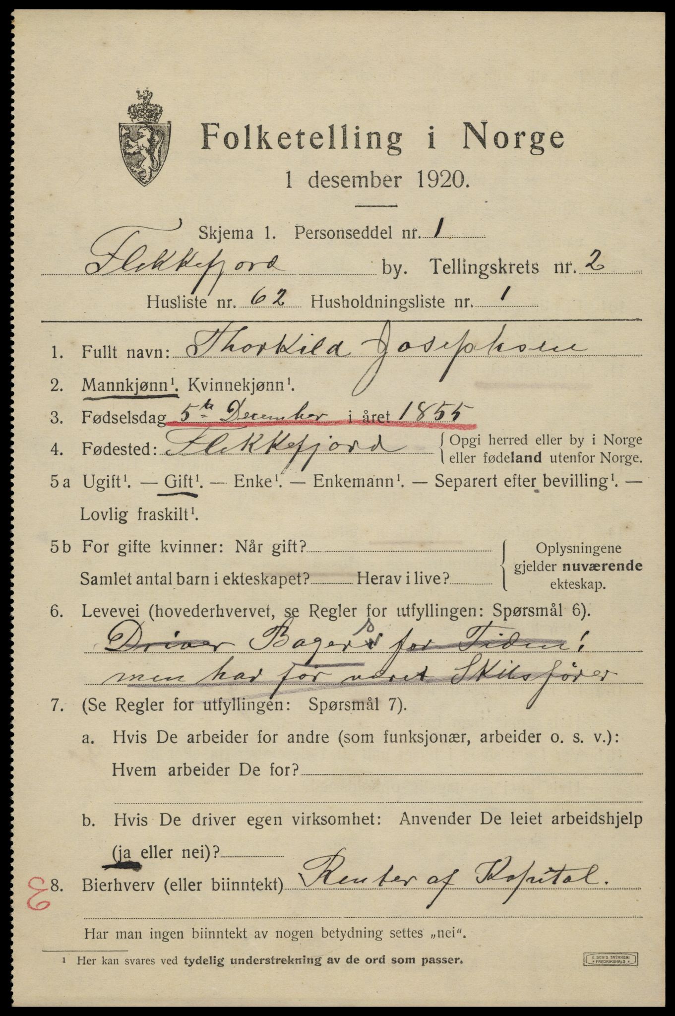 SAK, Folketelling 1920 for 1004 Flekkefjord kjøpstad, 1920, s. 3224