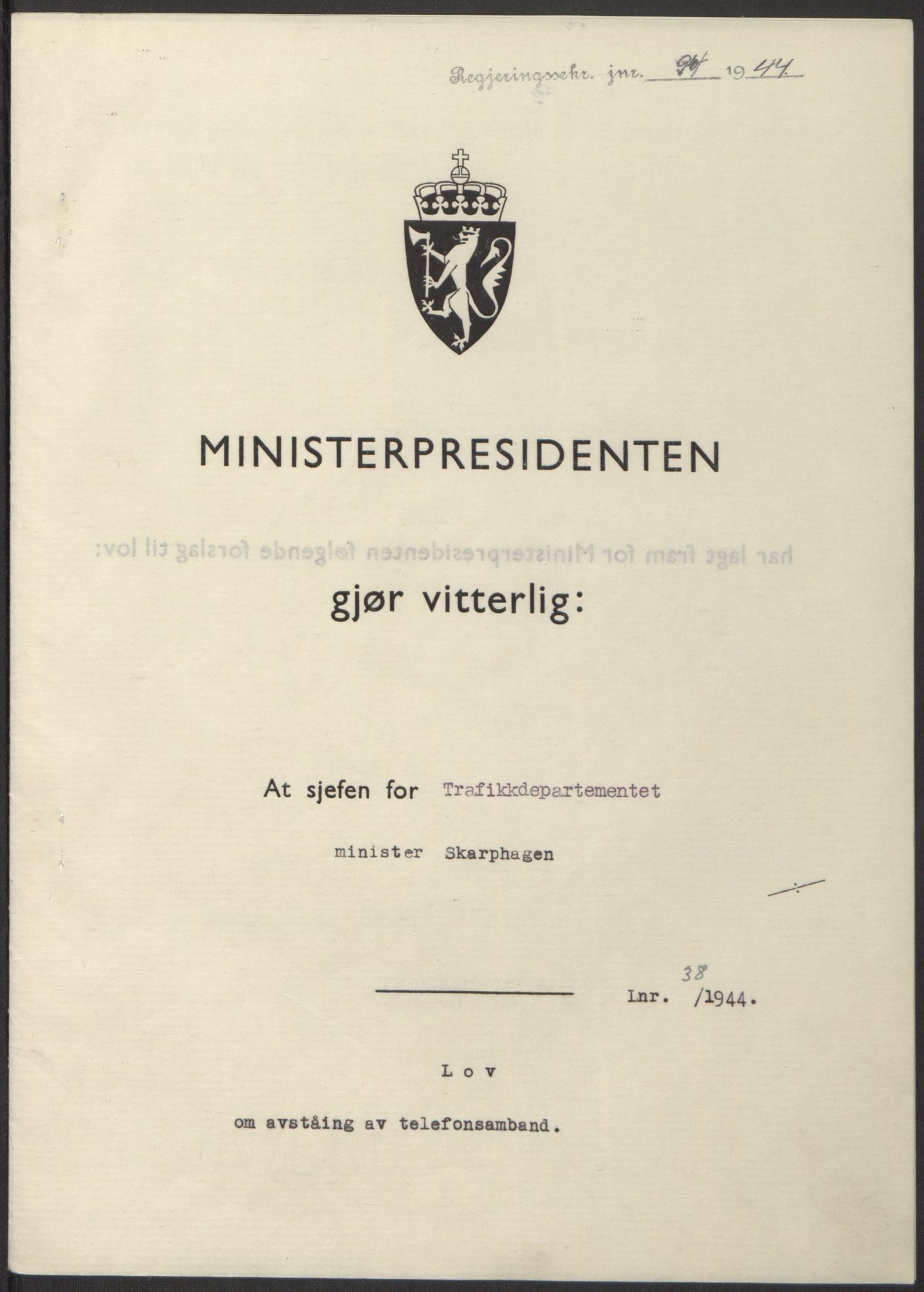 NS-administrasjonen 1940-1945 (Statsrådsekretariatet, de kommisariske statsråder mm), AV/RA-S-4279/D/Db/L0100: Lover, 1944, s. 185
