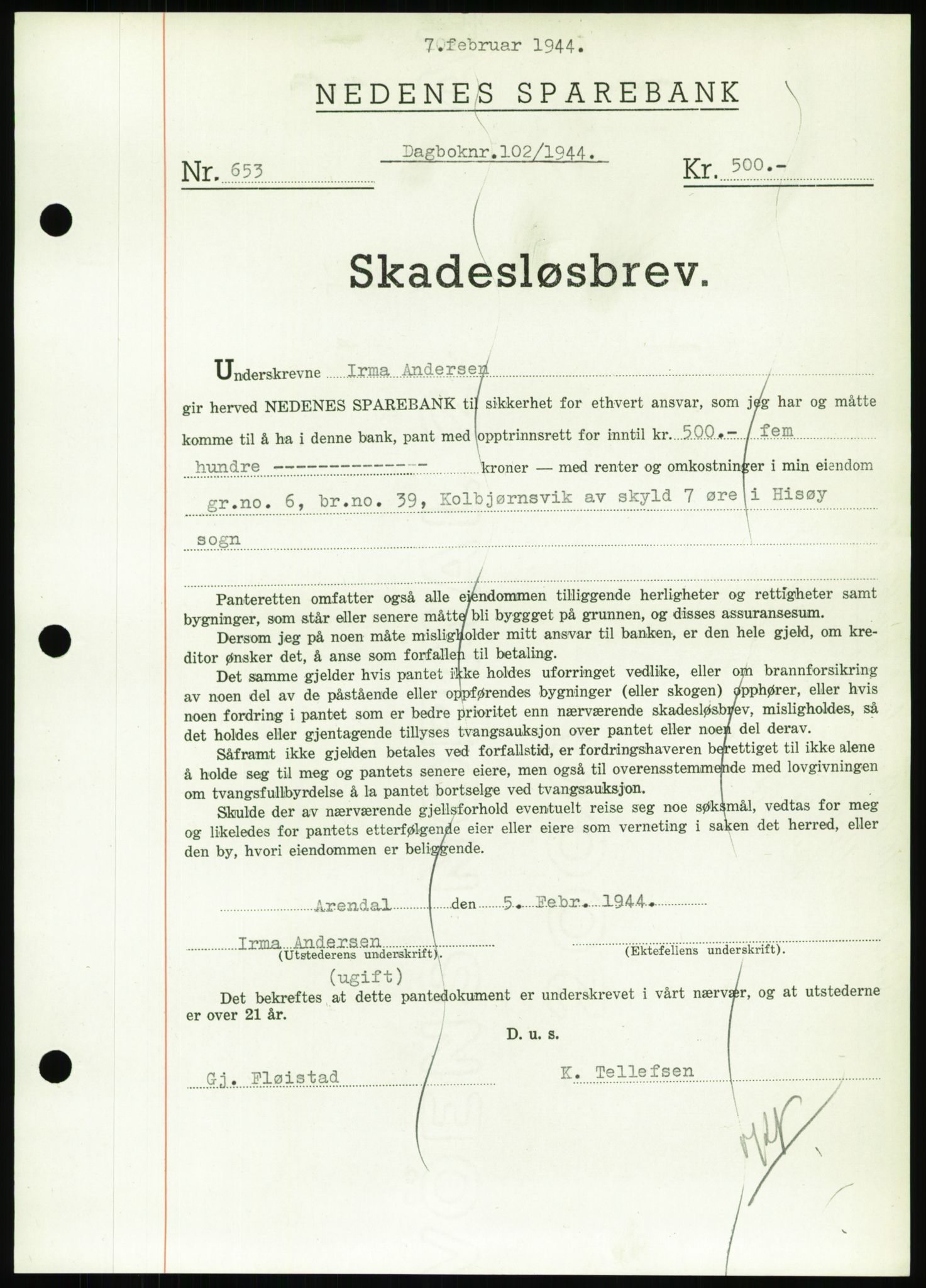 Nedenes sorenskriveri, SAK/1221-0006/G/Gb/Gbb/L0002: Pantebok nr. II, 1942-1945, Dagboknr: 102/1944