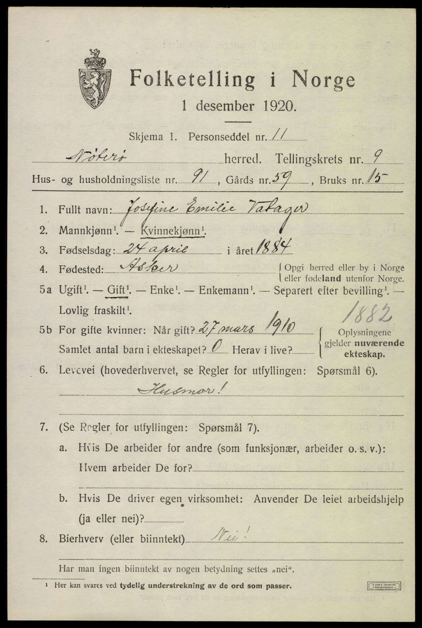 SAKO, Folketelling 1920 for 0722 Nøtterøy herred, 1920, s. 12327