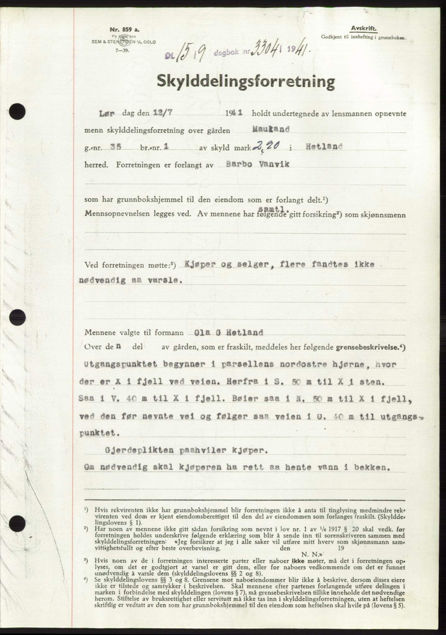 Jæren sorenskriveri, SAST/A-100310/03/G/Gba/L0081: Pantebok, 1941-1941, Dagboknr: 3304/1941