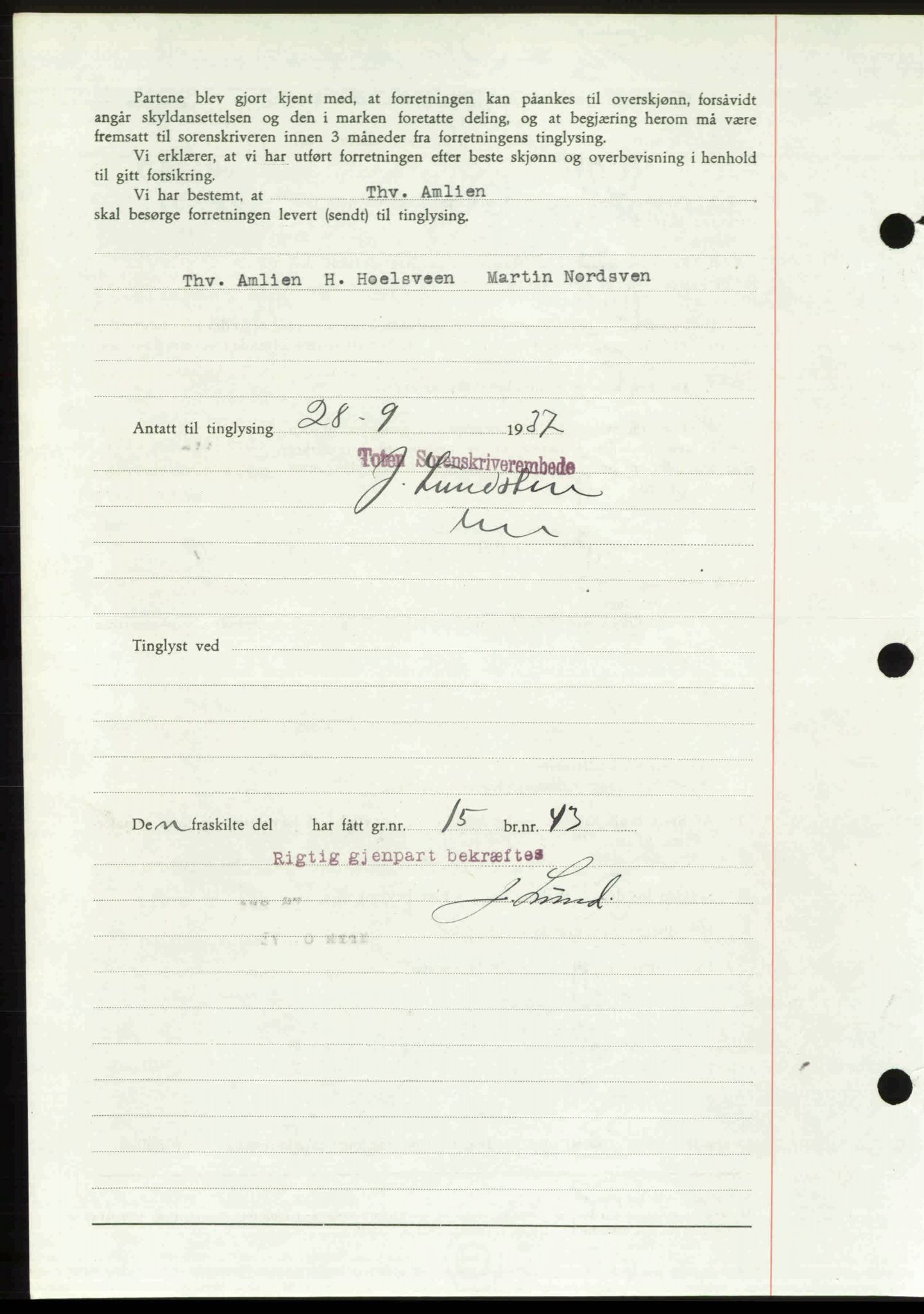 Toten tingrett, SAH/TING-006/H/Hb/Hbc/L0003: Pantebok nr. Hbc-03, 1937-1938, Dagboknr: 2256/1937