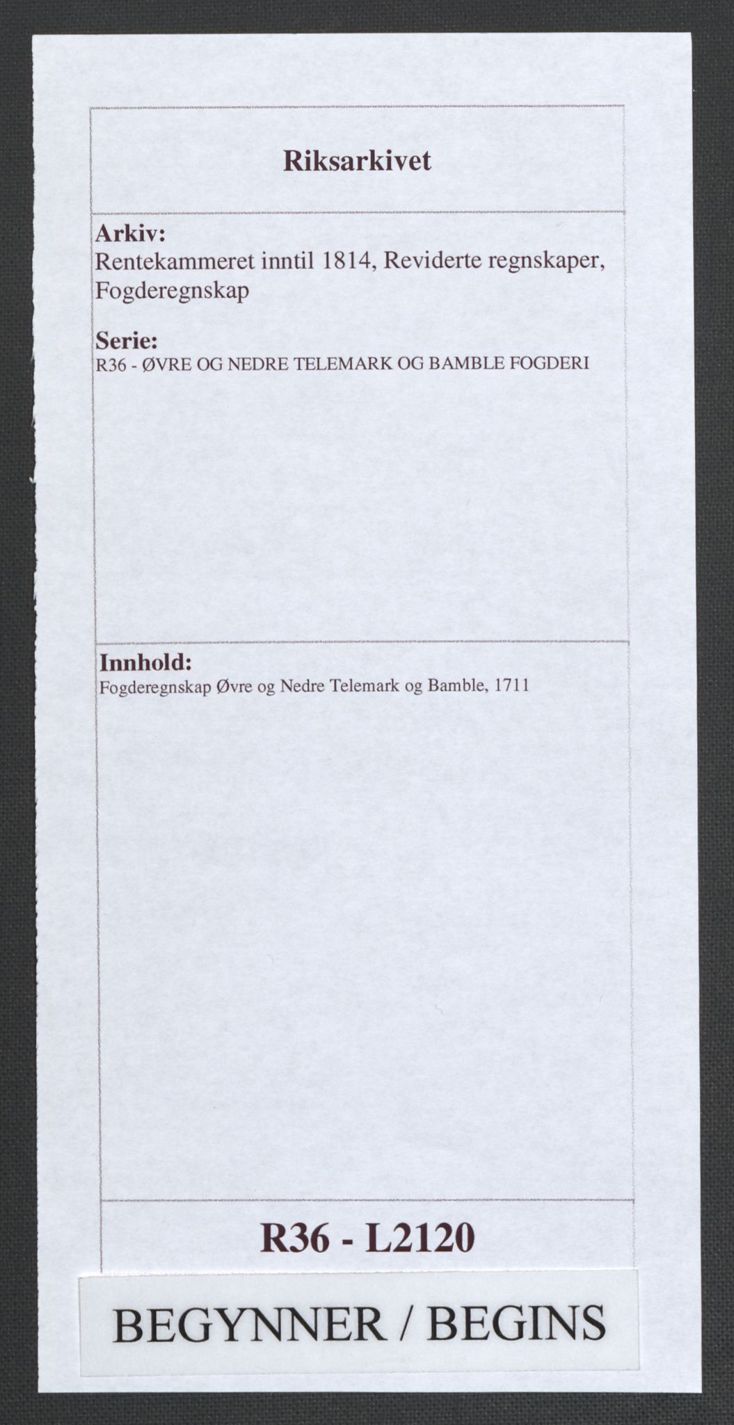 Rentekammeret inntil 1814, Reviderte regnskaper, Fogderegnskap, AV/RA-EA-4092/R36/L2120: Fogderegnskap Øvre og Nedre Telemark og Bamble, 1711, s. 1