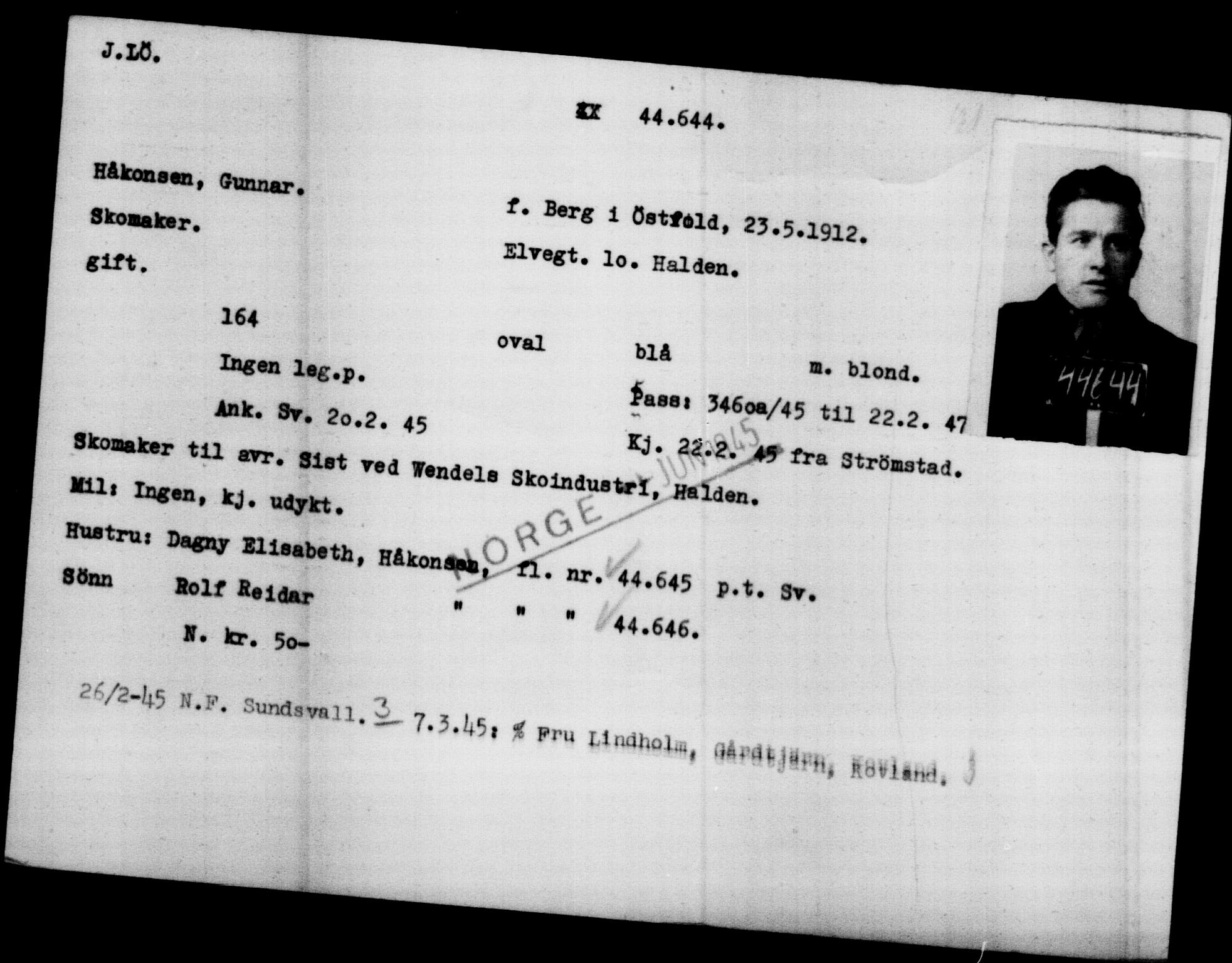 Utenriksstasjonene, Legasjonen i Stockholm, Flyktningkontoret, AV/RA-S-6753/V/Va/L0017: Kjesäterkartoteket, flyktninger med registreringsnr. 43400-46318, 1940-1945, s. 1305