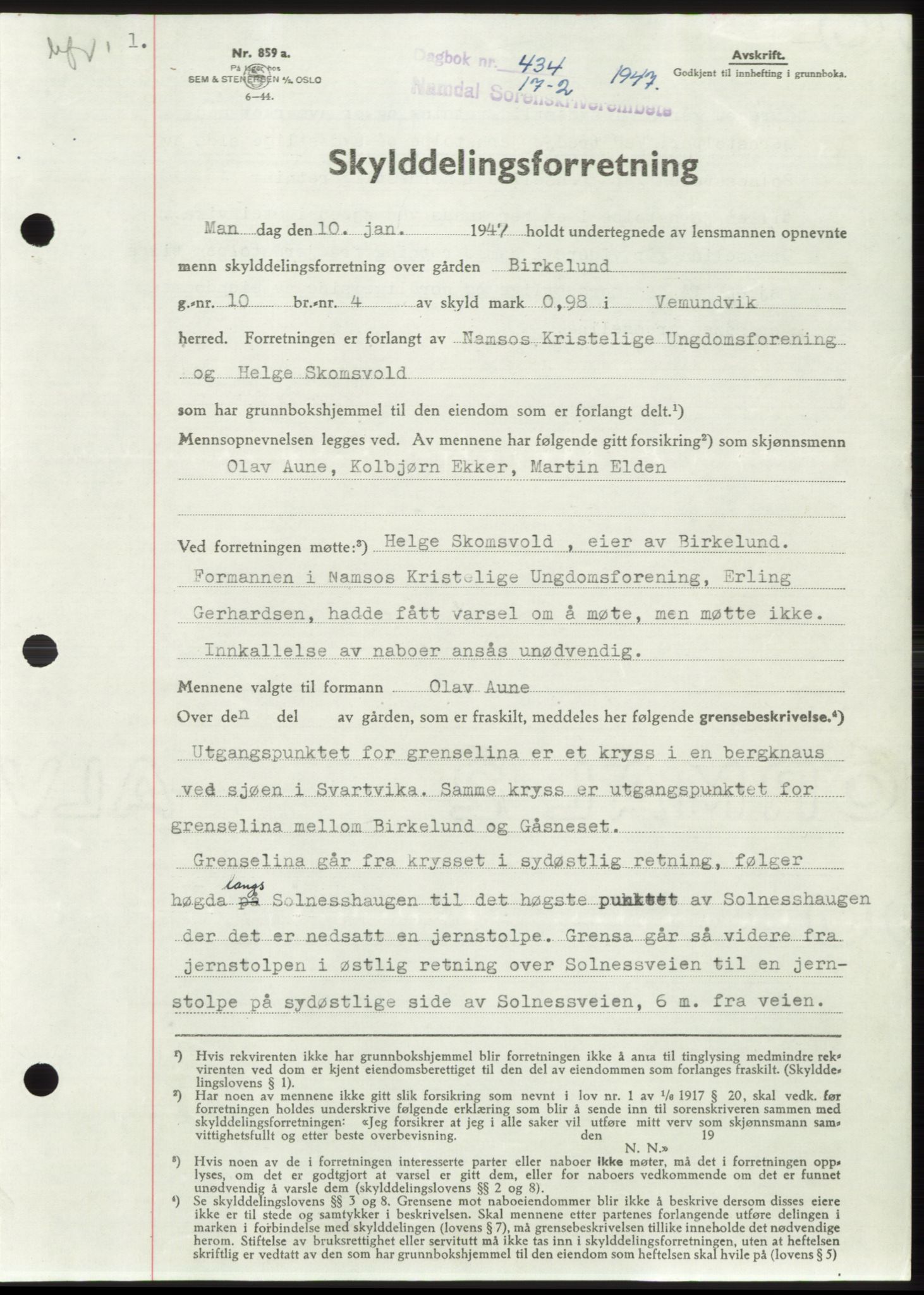 Namdal sorenskriveri, SAT/A-4133/1/2/2C: Pantebok nr. -, 1946-1947, Dagboknr: 434/1947