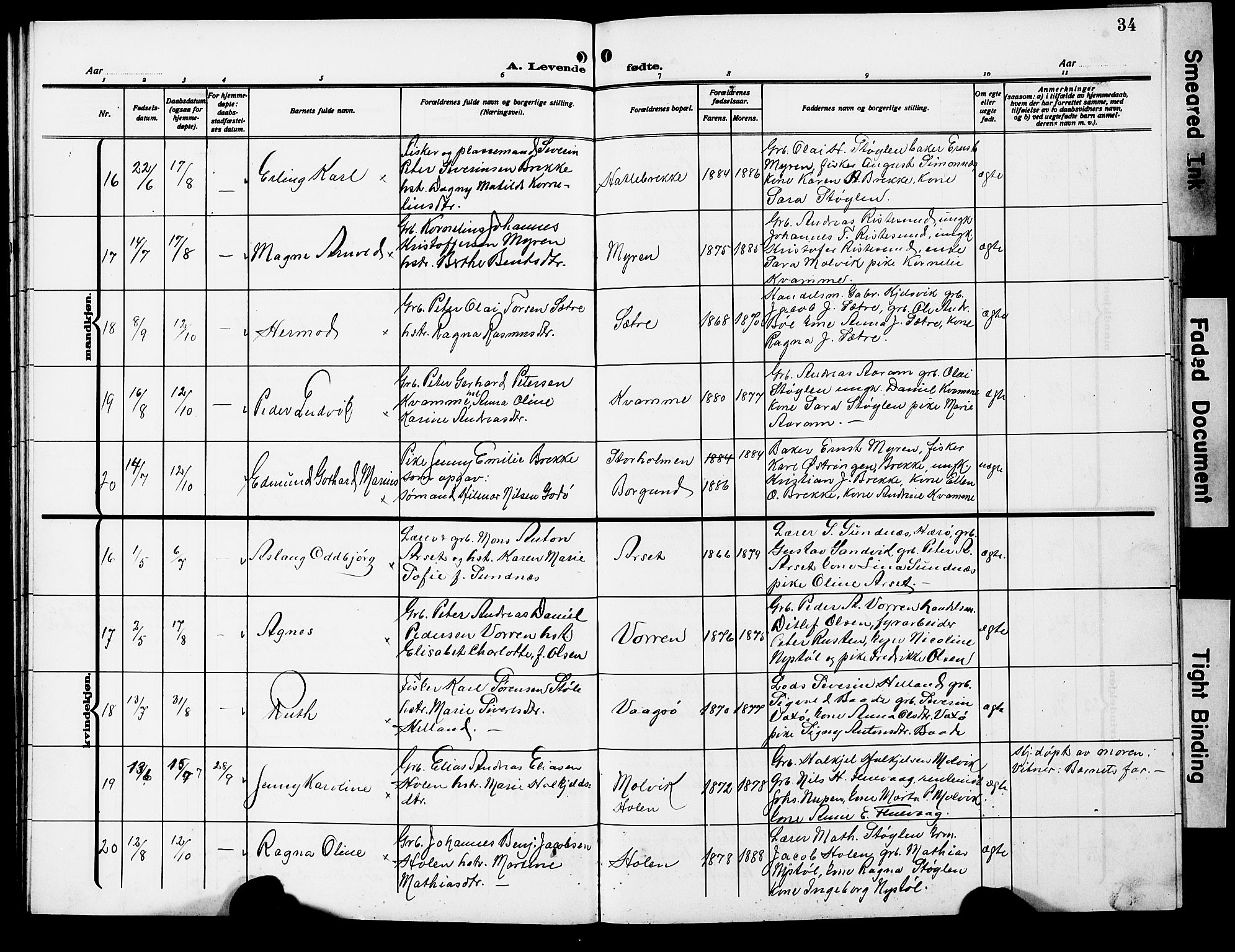 Ministerialprotokoller, klokkerbøker og fødselsregistre - Møre og Romsdal, AV/SAT-A-1454/503/L0050: Klokkerbok nr. 503C05, 1909-1922, s. 34