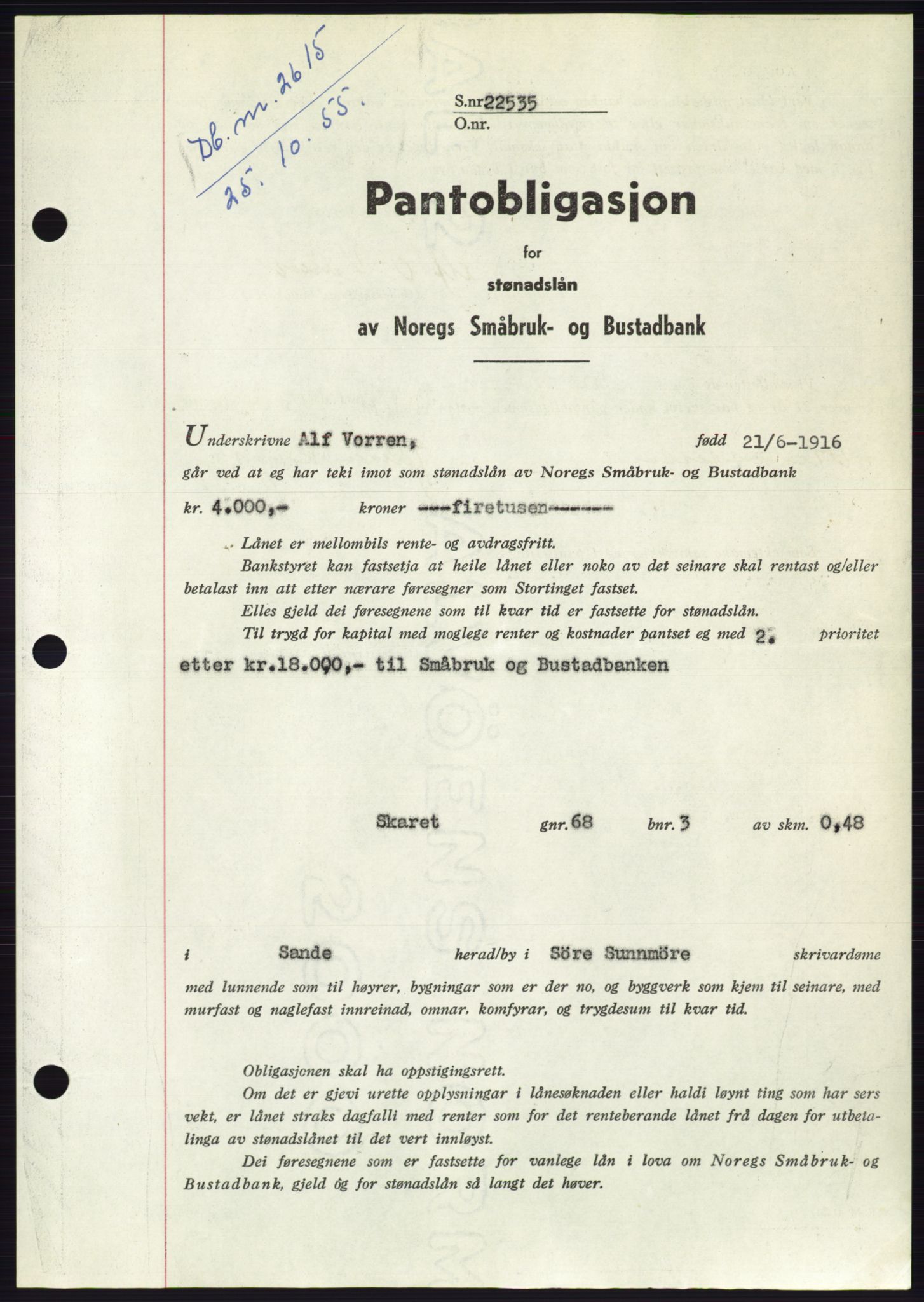Søre Sunnmøre sorenskriveri, SAT/A-4122/1/2/2C/L0127: Pantebok nr. 15B, 1955-1955, Dagboknr: 2615/1955