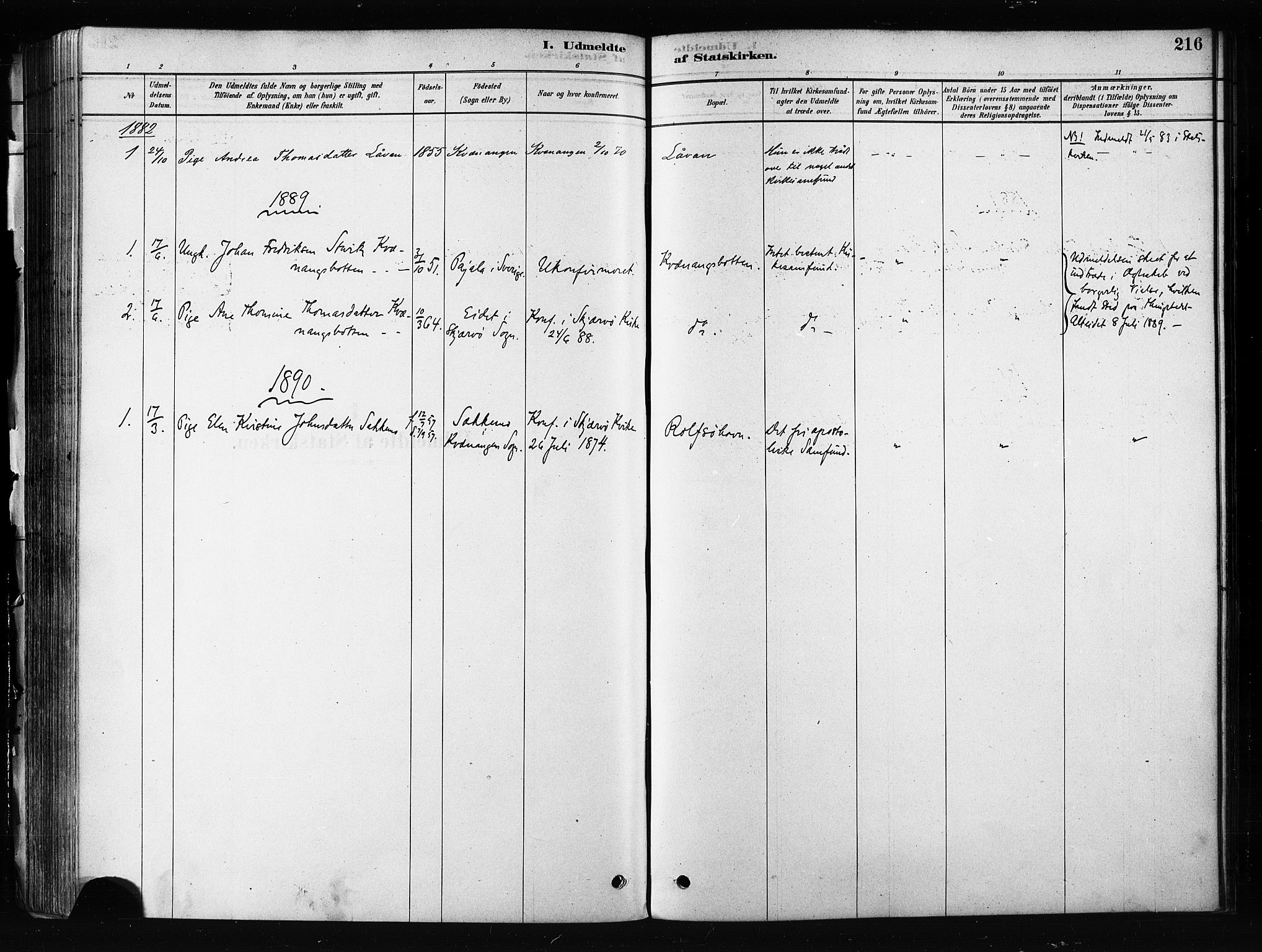Skjervøy sokneprestkontor, AV/SATØ-S-1300/H/Ha/Haa/L0012kirke: Ministerialbok nr. 12, 1878-1891, s. 216