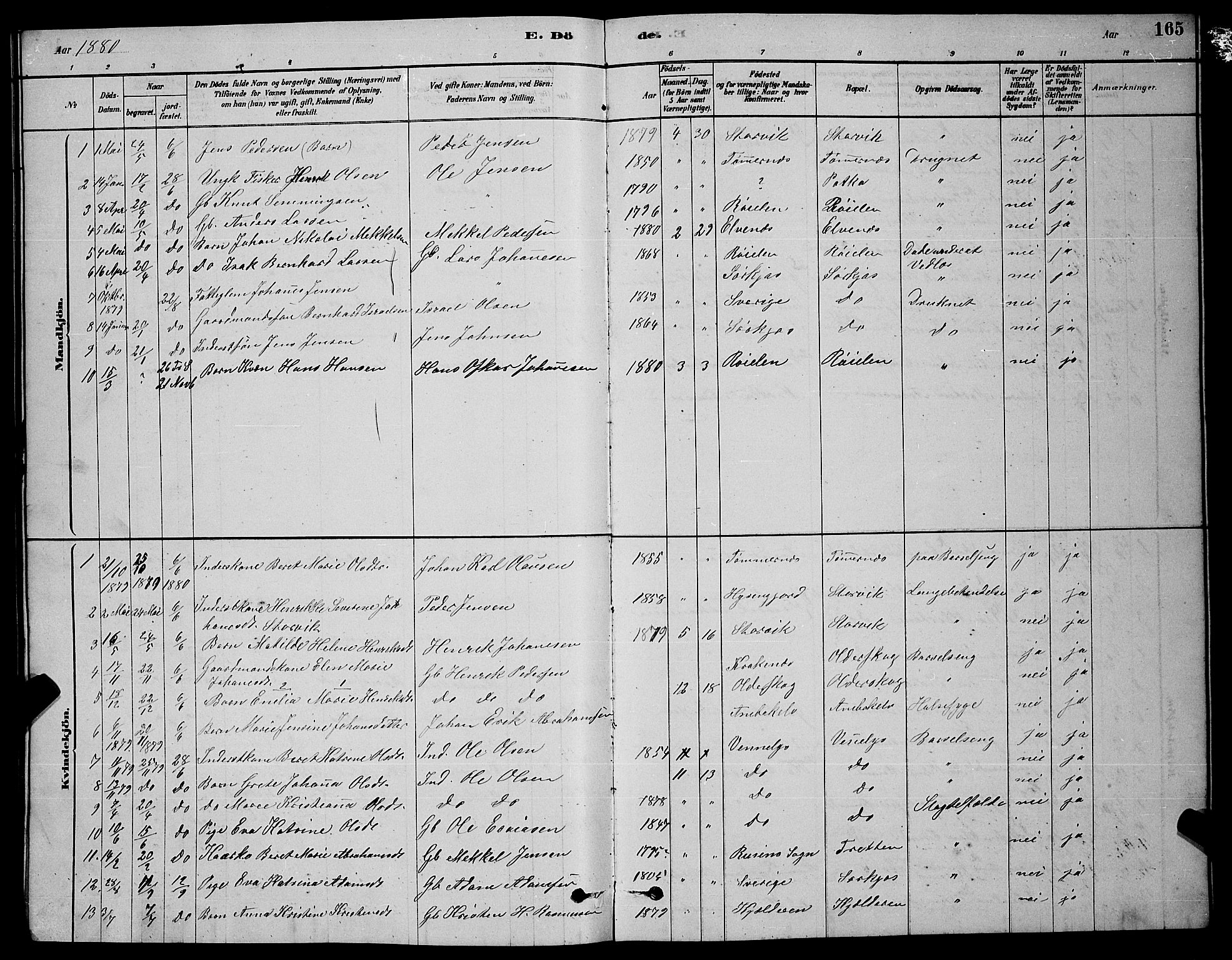 Skjervøy sokneprestkontor, AV/SATØ-S-1300/H/Ha/Hab/L0020klokker: Klokkerbok nr. 20, 1878-1892, s. 165