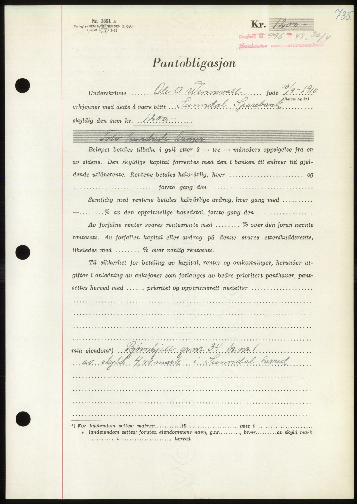 Nordmøre sorenskriveri, AV/SAT-A-4132/1/2/2Ca: Pantebok nr. B98, 1948-1948, Dagboknr: 996/1948