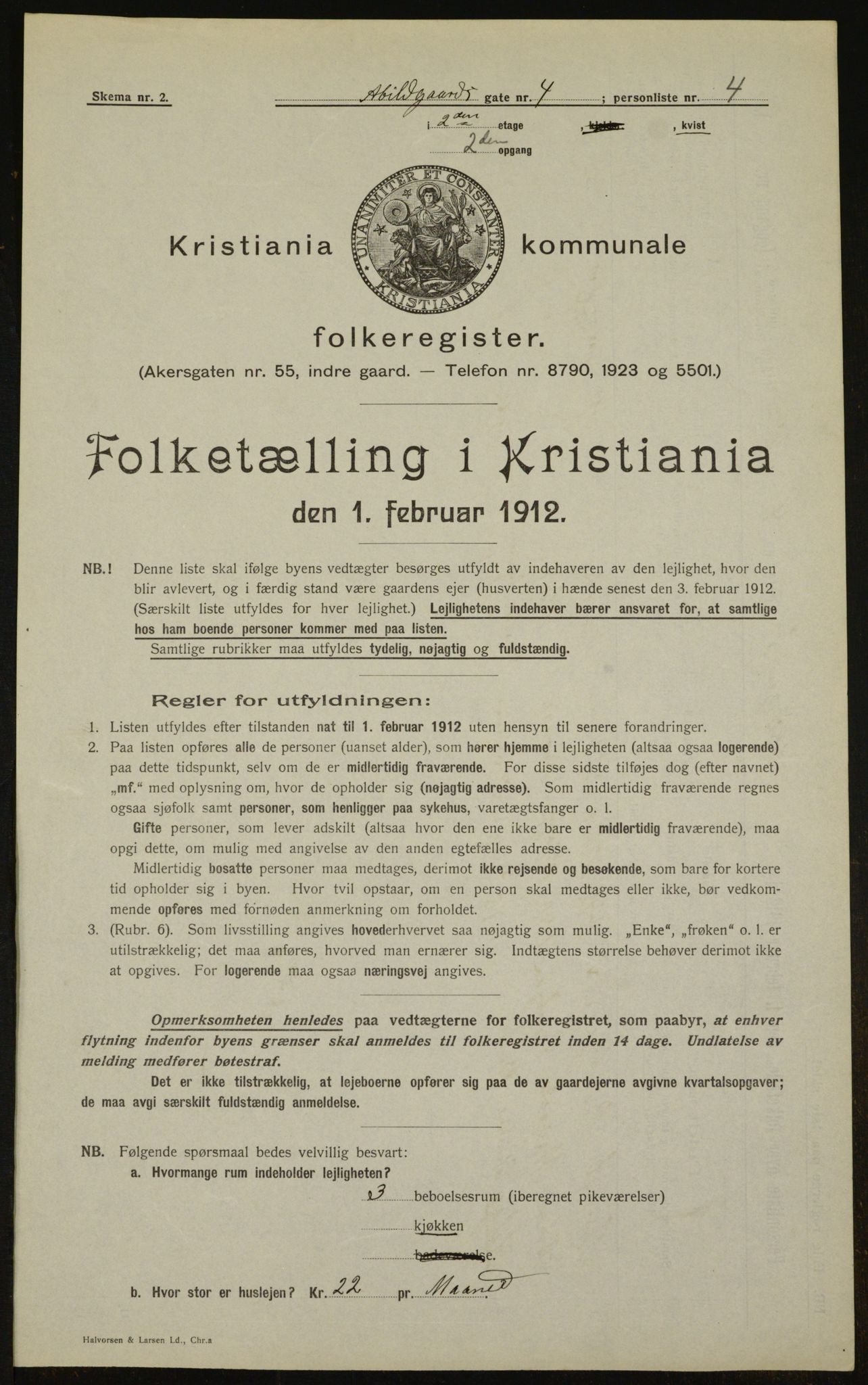 OBA, Kommunal folketelling 1.2.1912 for Kristiania, 1912, s. 22