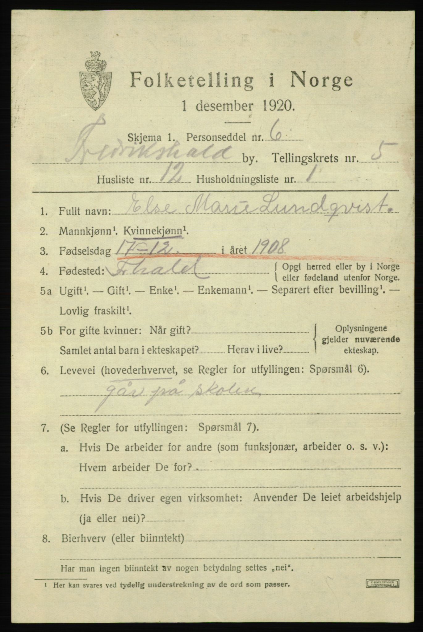 SAO, Folketelling 1920 for 0101 Fredrikshald kjøpstad, 1920, s. 12237
