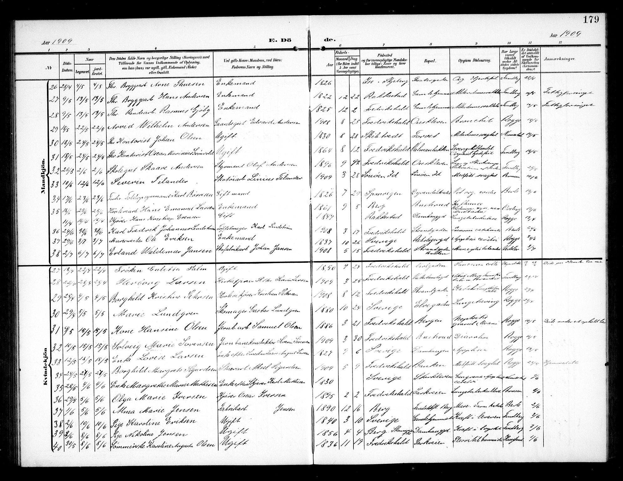 Halden prestekontor Kirkebøker, AV/SAO-A-10909/G/Ga/L0011: Klokkerbok nr. 11, 1906-1934, s. 179
