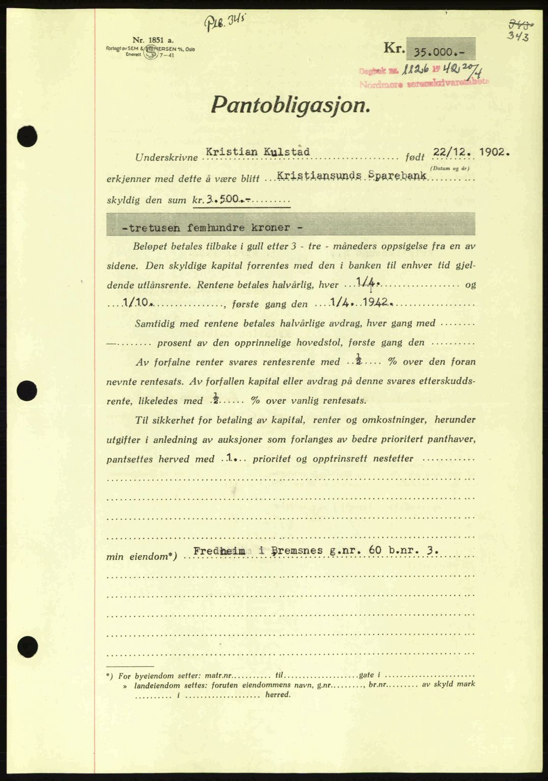 Nordmøre sorenskriveri, AV/SAT-A-4132/1/2/2Ca: Pantebok nr. B89, 1942-1942, Dagboknr: 1126/1942