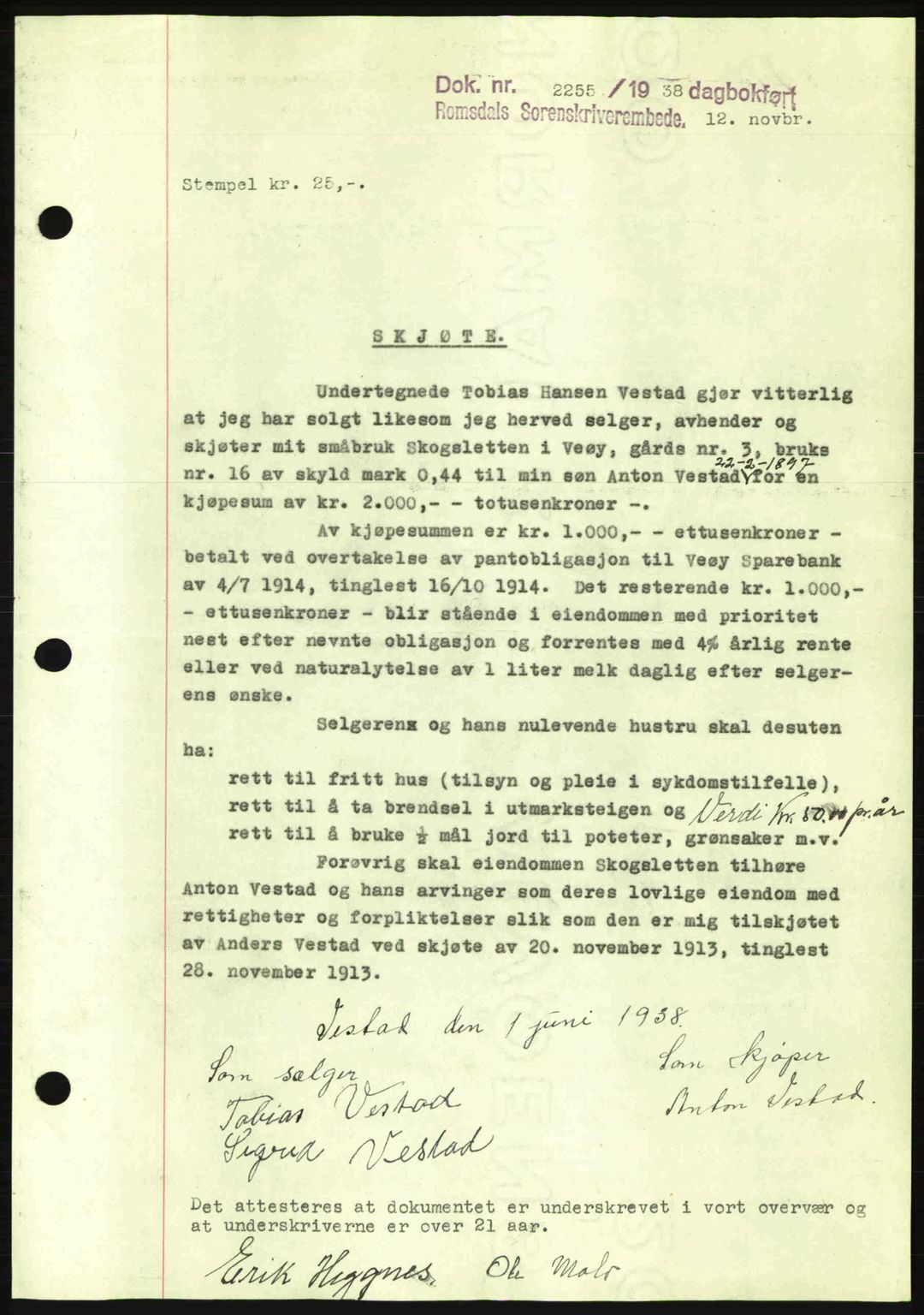 Romsdal sorenskriveri, SAT/A-4149/1/2/2C: Pantebok nr. A5, 1938-1938, Dagboknr: 2255/1938