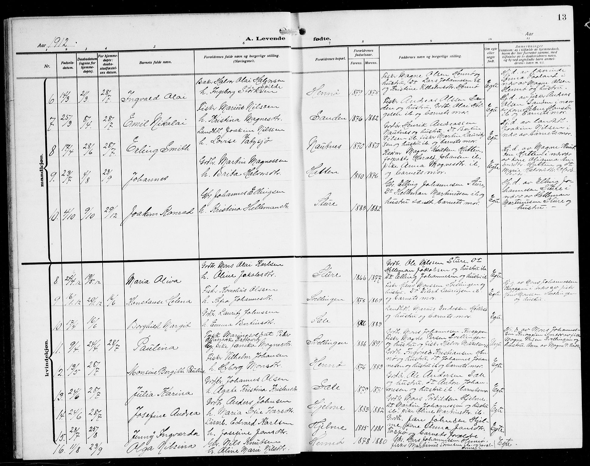 Herdla Sokneprestembete, AV/SAB-A-75701/H/Hab: Klokkerbok nr. B 1, 1909-1929, s. 13