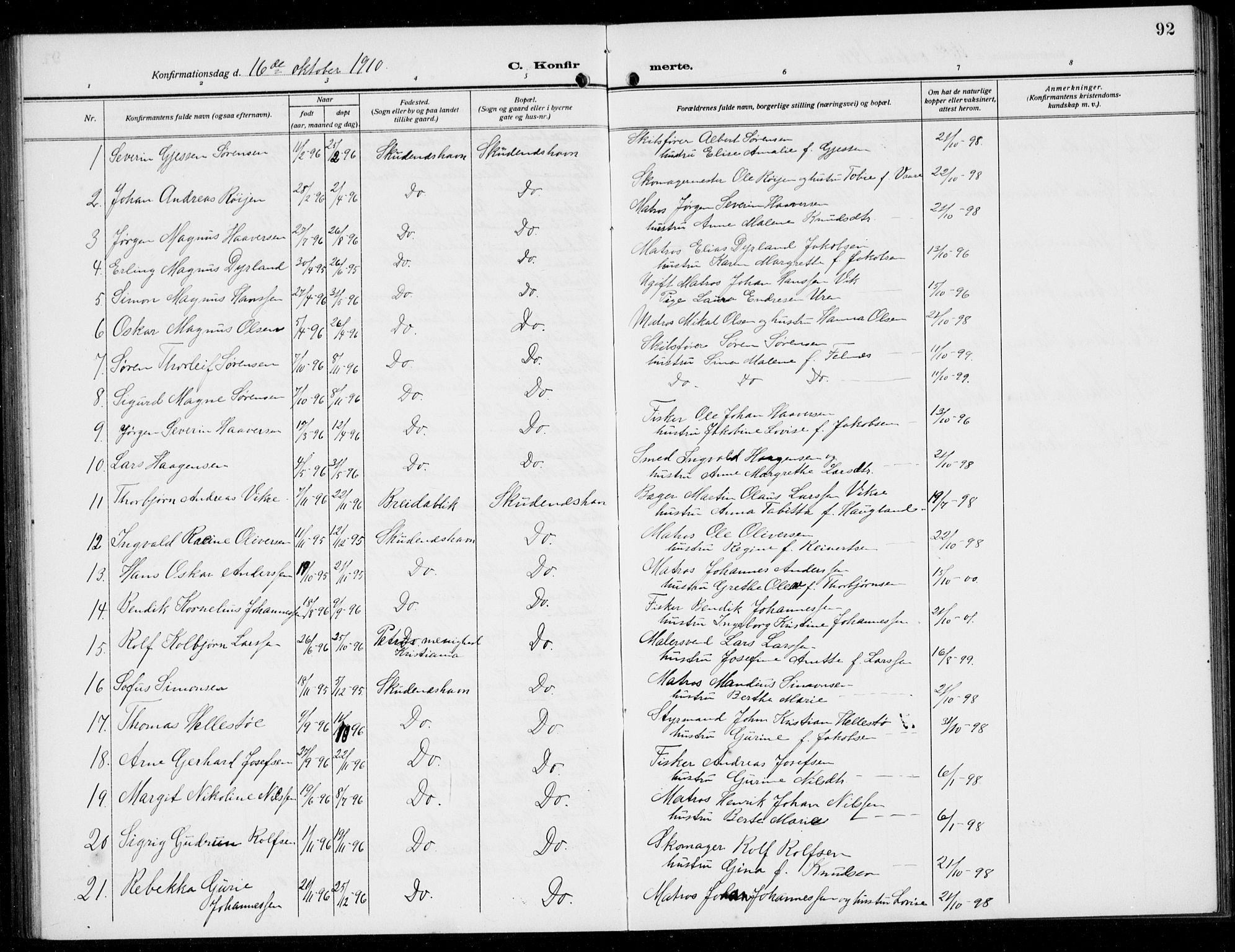 Skudenes sokneprestkontor, SAST/A -101849/H/Ha/Hab/L0010: Klokkerbok nr. B 10, 1908-1936, s. 92