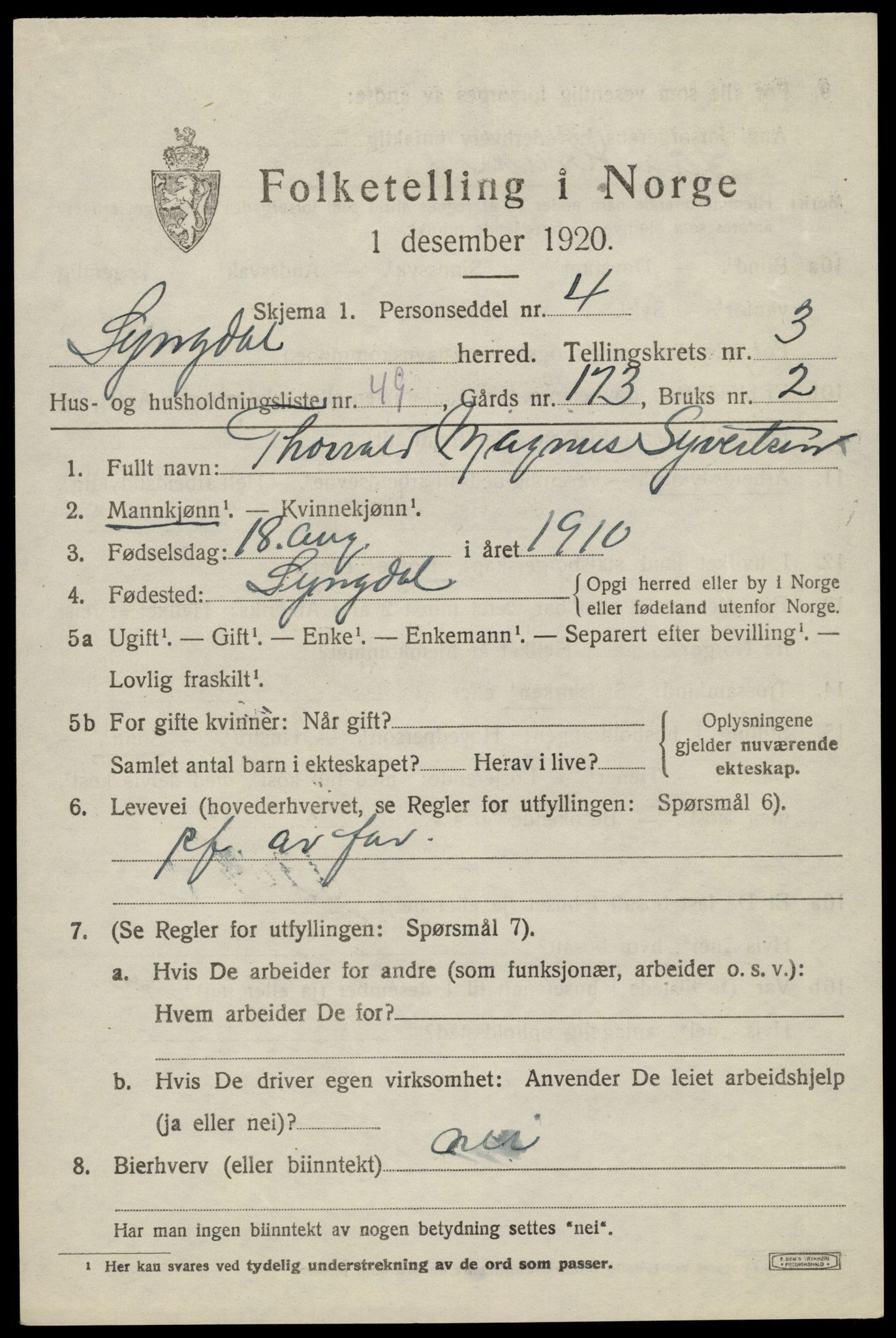 SAK, Folketelling 1920 for 1032 Lyngdal herred, 1920, s. 2313