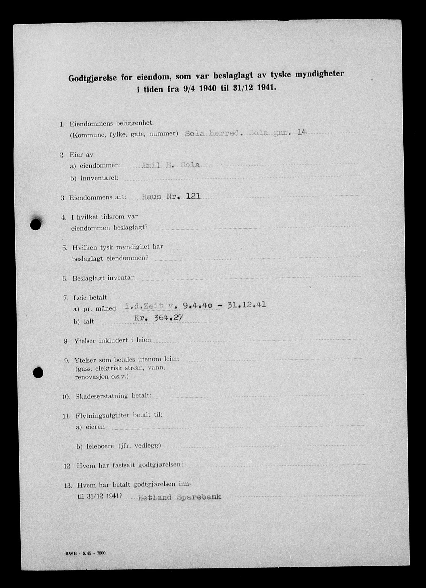 Justisdepartementet, Tilbakeføringskontoret for inndratte formuer, AV/RA-S-1564/I/L1015: Godtgjørelse for beslaglagt eiendom, 1940-1941, s. 211
