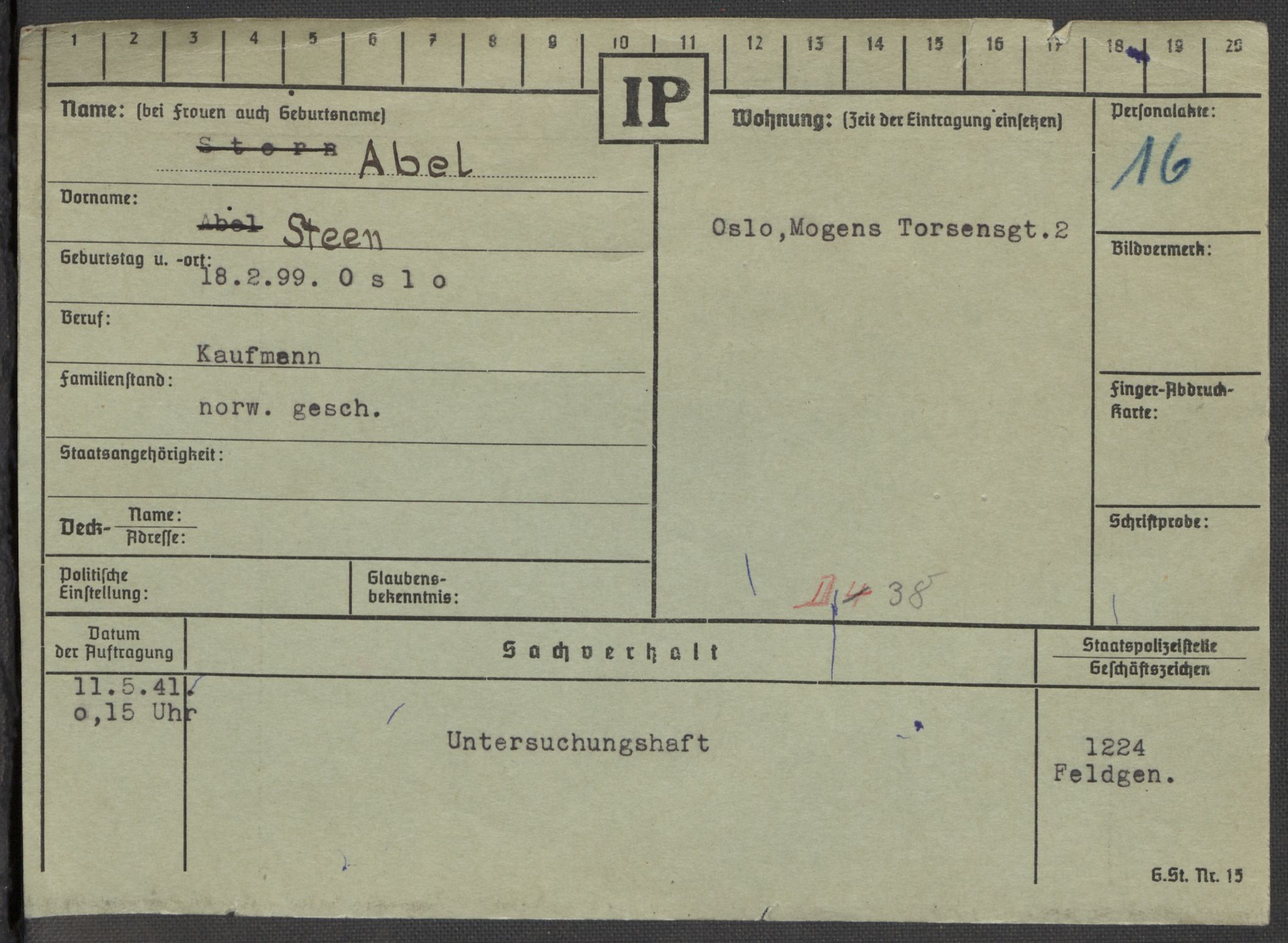 Befehlshaber der Sicherheitspolizei und des SD, AV/RA-RAFA-5969/E/Ea/Eaa/L0001: Register over norske fanger i Møllergata 19: A-Bj, 1940-1945, s. 6