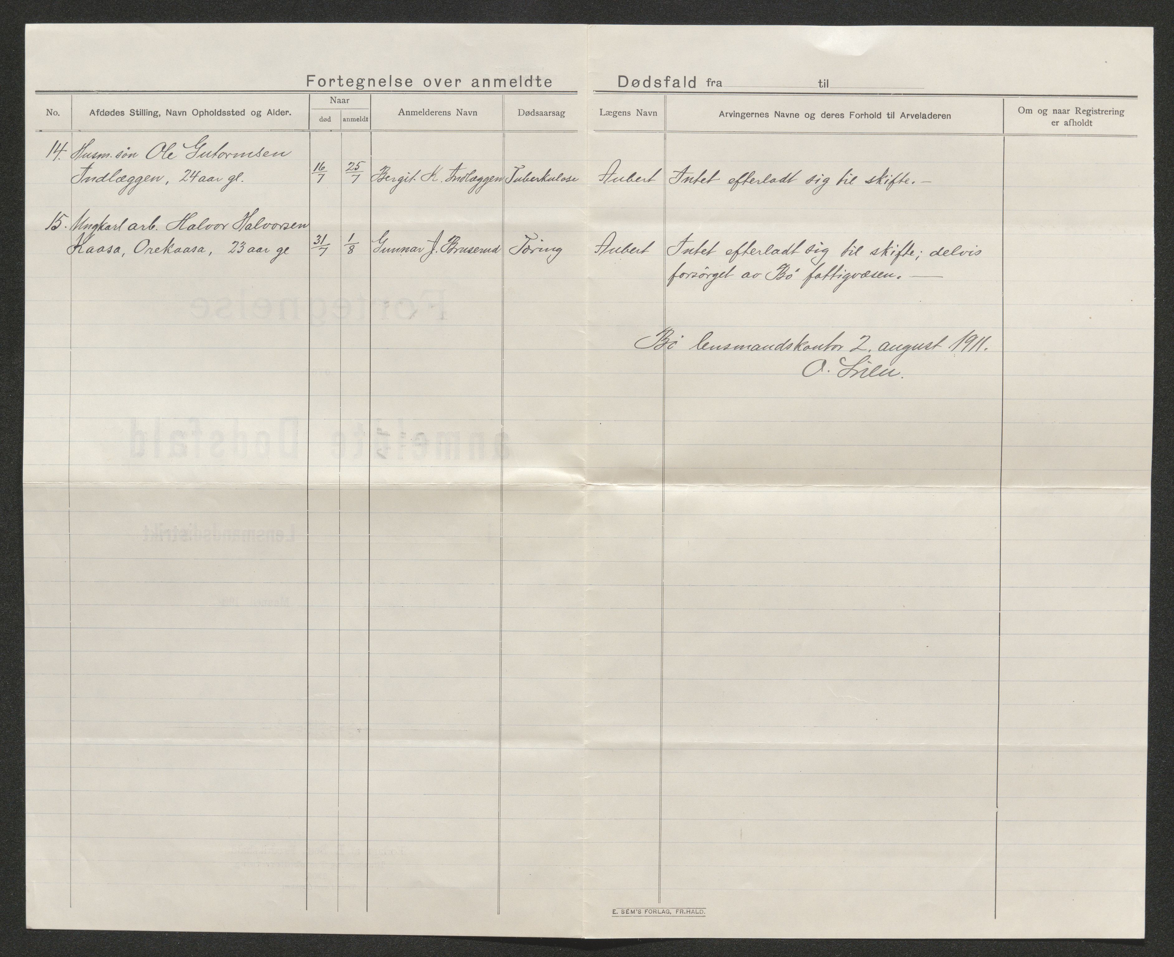 Nedre Telemark sorenskriveri, AV/SAKO-A-135/H/Ha/Hab/L0005: Dødsfallsfortegnelser
, 1911-1916, s. 31