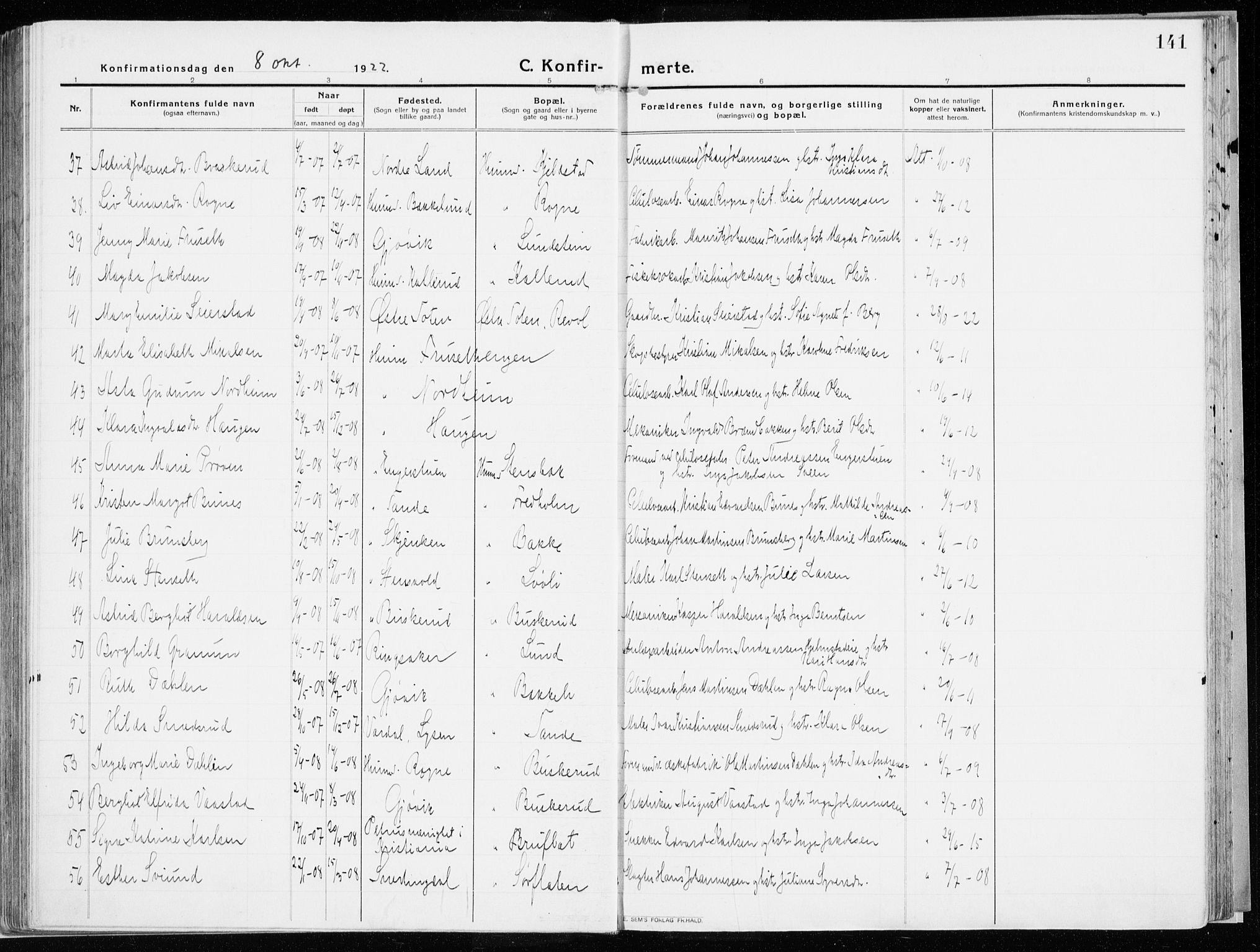 Vardal prestekontor, AV/SAH-PREST-100/H/Ha/Haa/L0017: Ministerialbok nr. 17, 1915-1929, s. 141