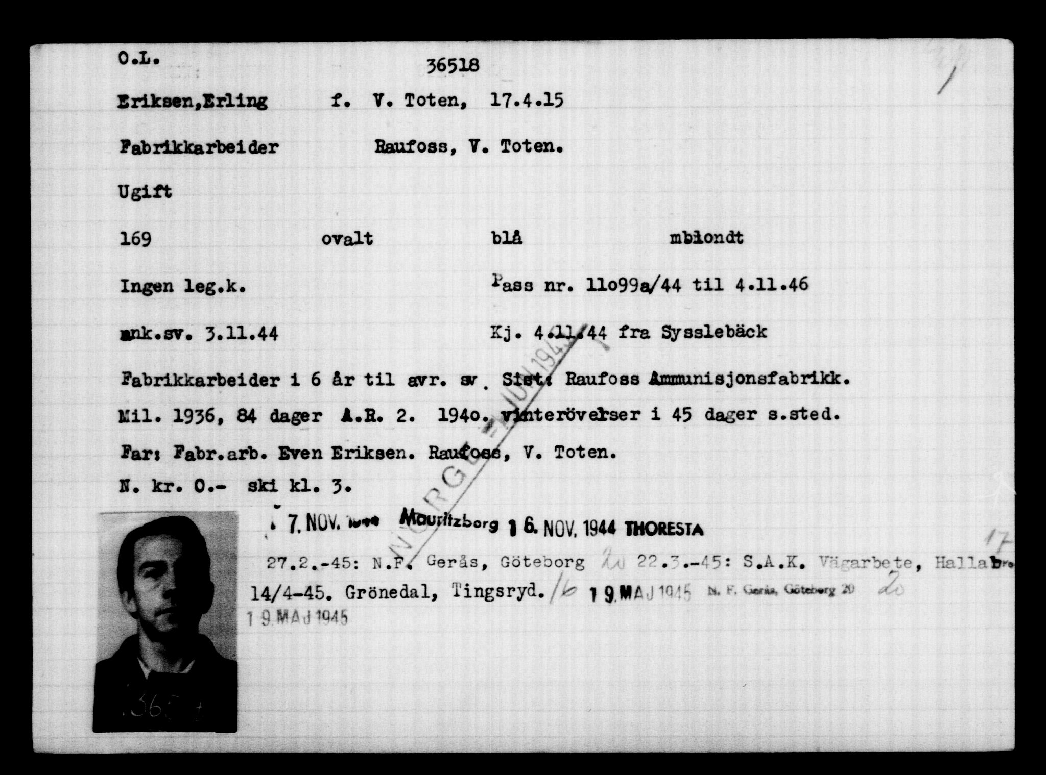 Utenriksstasjonene, Legasjonen i Stockholm, Flyktningkontoret, AV/RA-S-6753/V/Va/L0014: Kjesäterkartoteket, flyktninger med registreringsnr. 34700-37855, 1940-1945, s. 1908