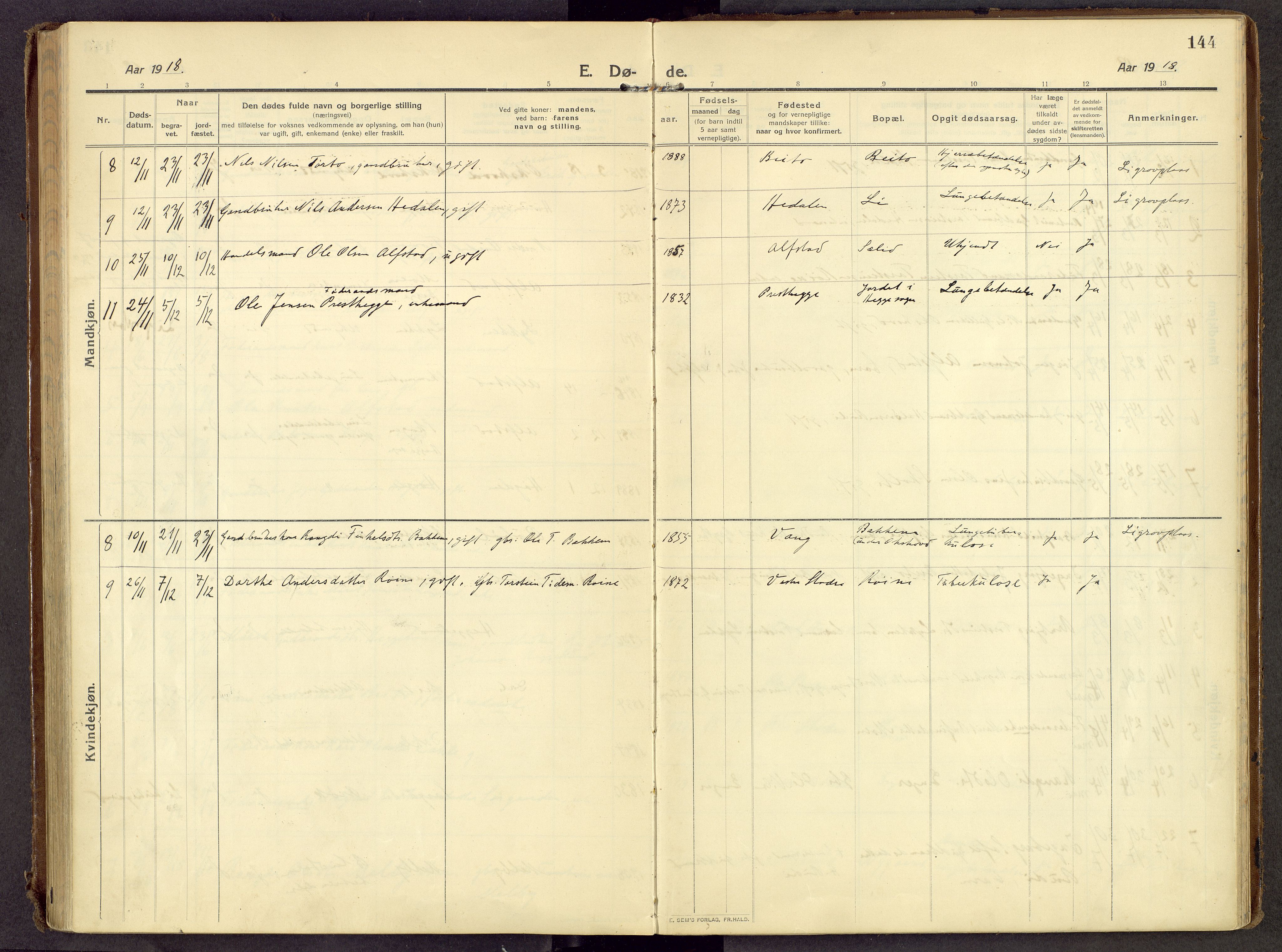 Øystre Slidre prestekontor, AV/SAH-PREST-138/H/Ha/Haa/L0007: Ministerialbok nr. 7, 1911-1931, s. 144