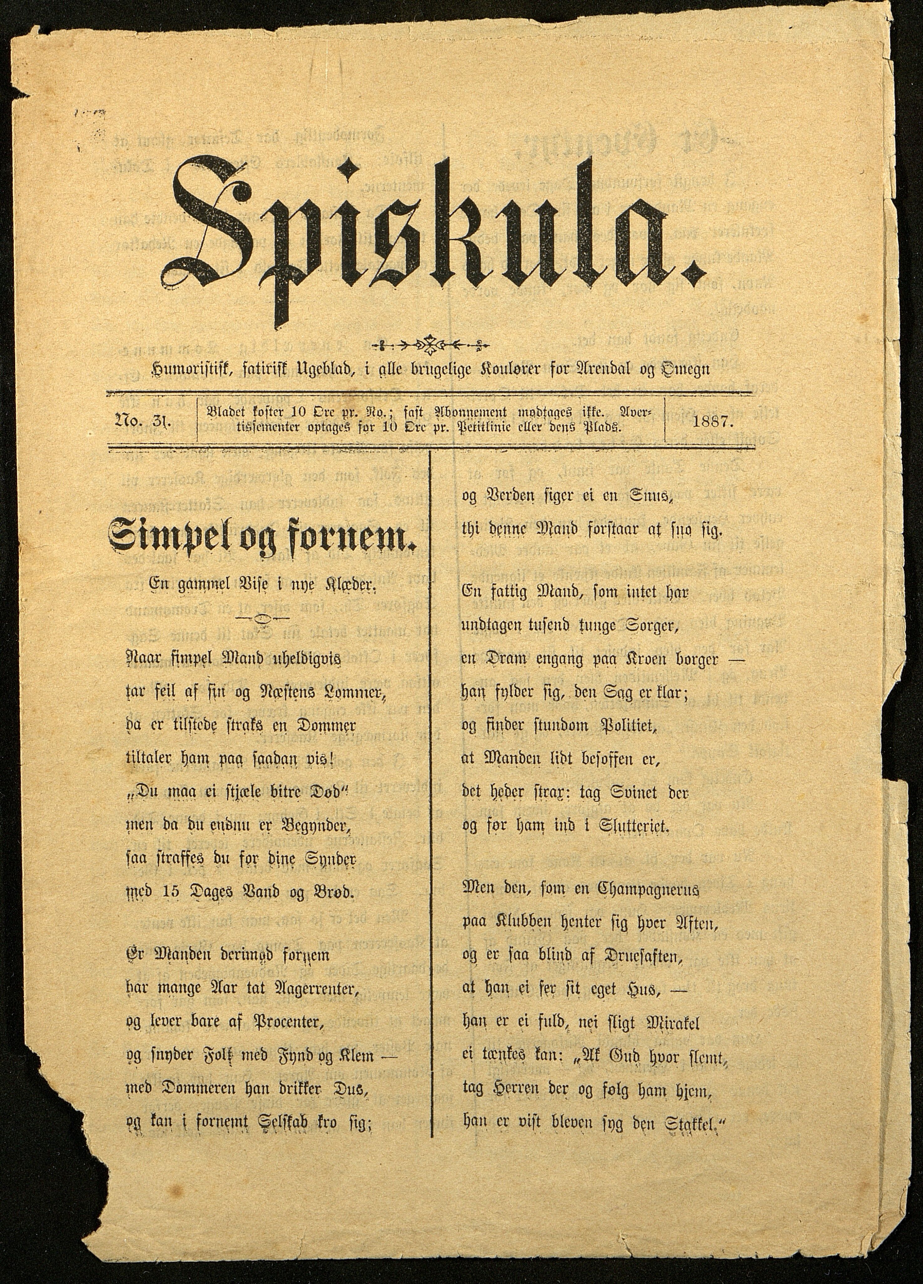 Spidskuglen, AAKS/PA-2823/X/L0001/0001: Spidskuglen / Årg. 1887, nr. 1–2, 4–23, 25–36, 1887