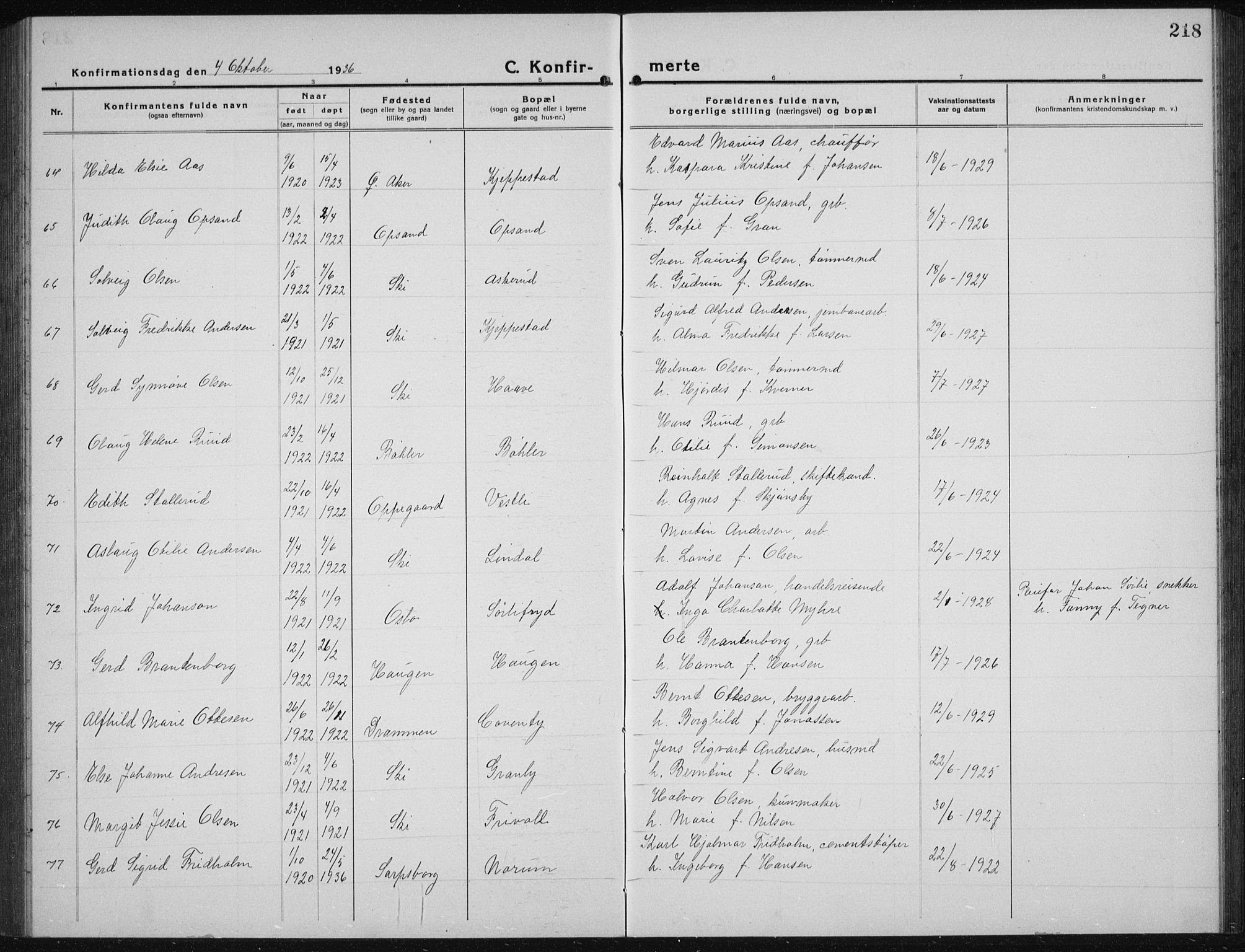 Kråkstad prestekontor Kirkebøker, AV/SAO-A-10125a/G/Gb/L0002: Klokkerbok nr. II 2, 1921-1941, s. 218