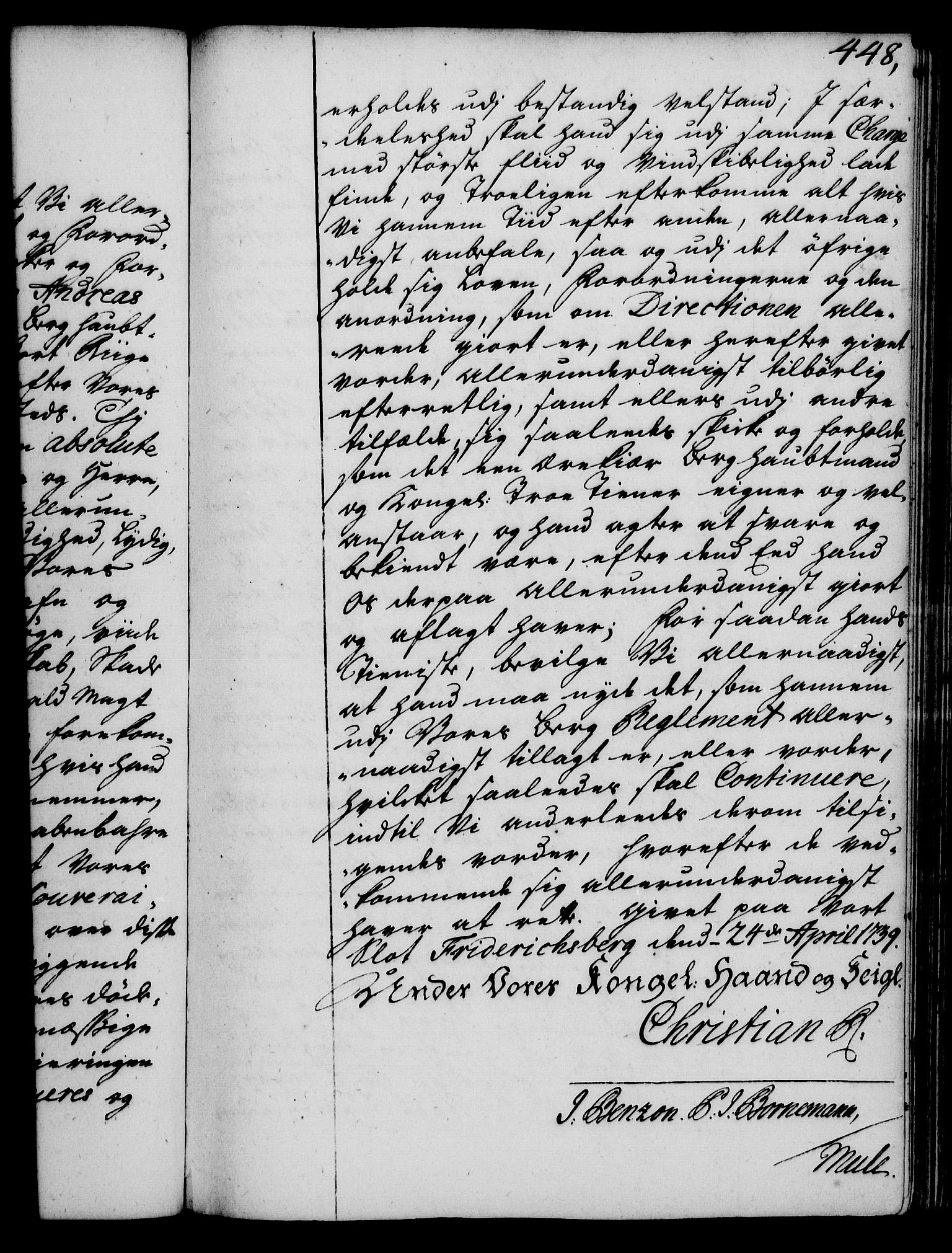 Rentekammeret, Kammerkanselliet, RA/EA-3111/G/Gg/Gge/L0002: Norsk bestallingsprotokoll med register (merket RK 53.26), 1730-1744, s. 448
