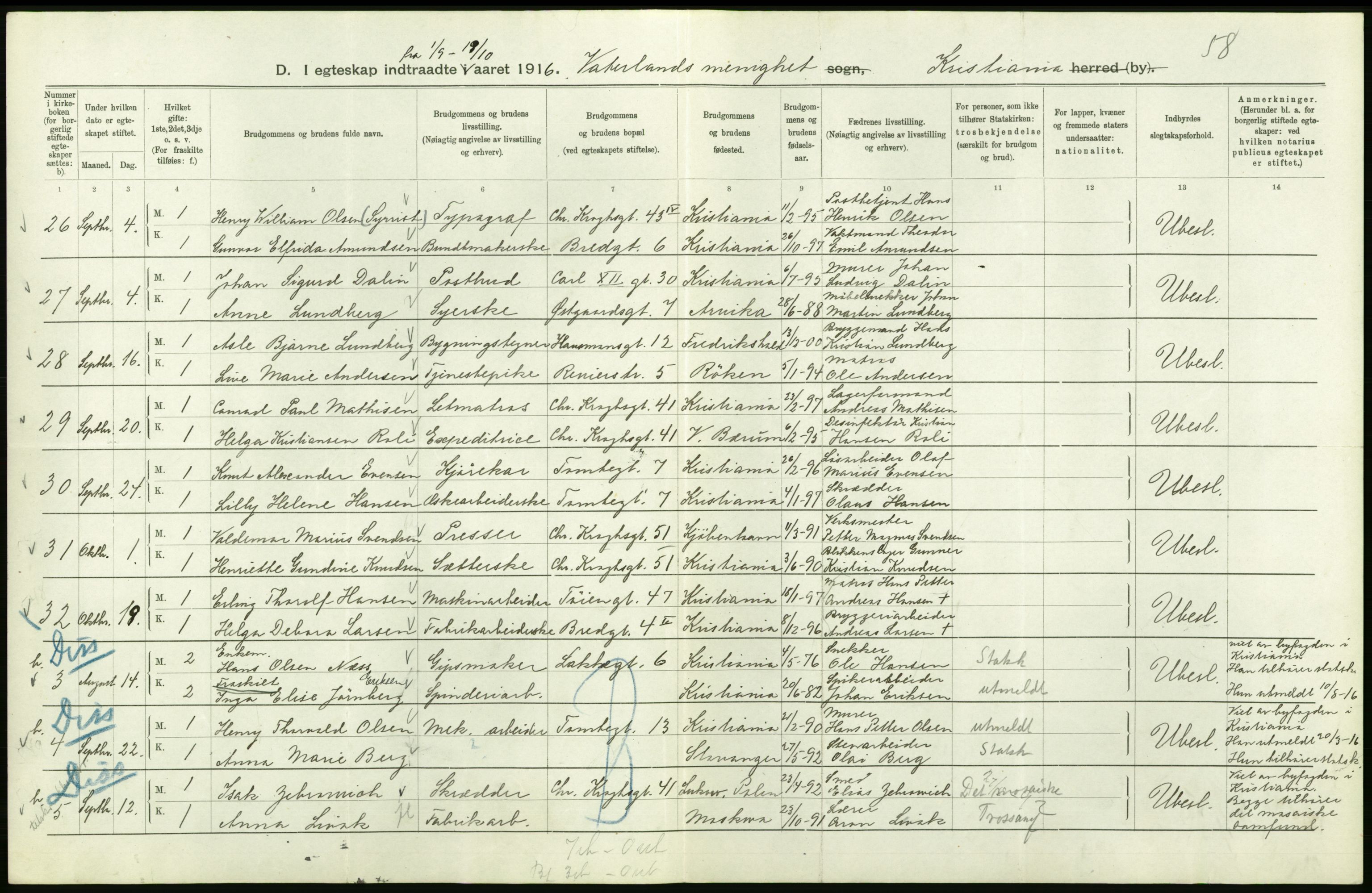 Statistisk sentralbyrå, Sosiodemografiske emner, Befolkning, AV/RA-S-2228/D/Df/Dfb/Dfbf/L0008: Kristiania: Gifte, 1916, s. 866